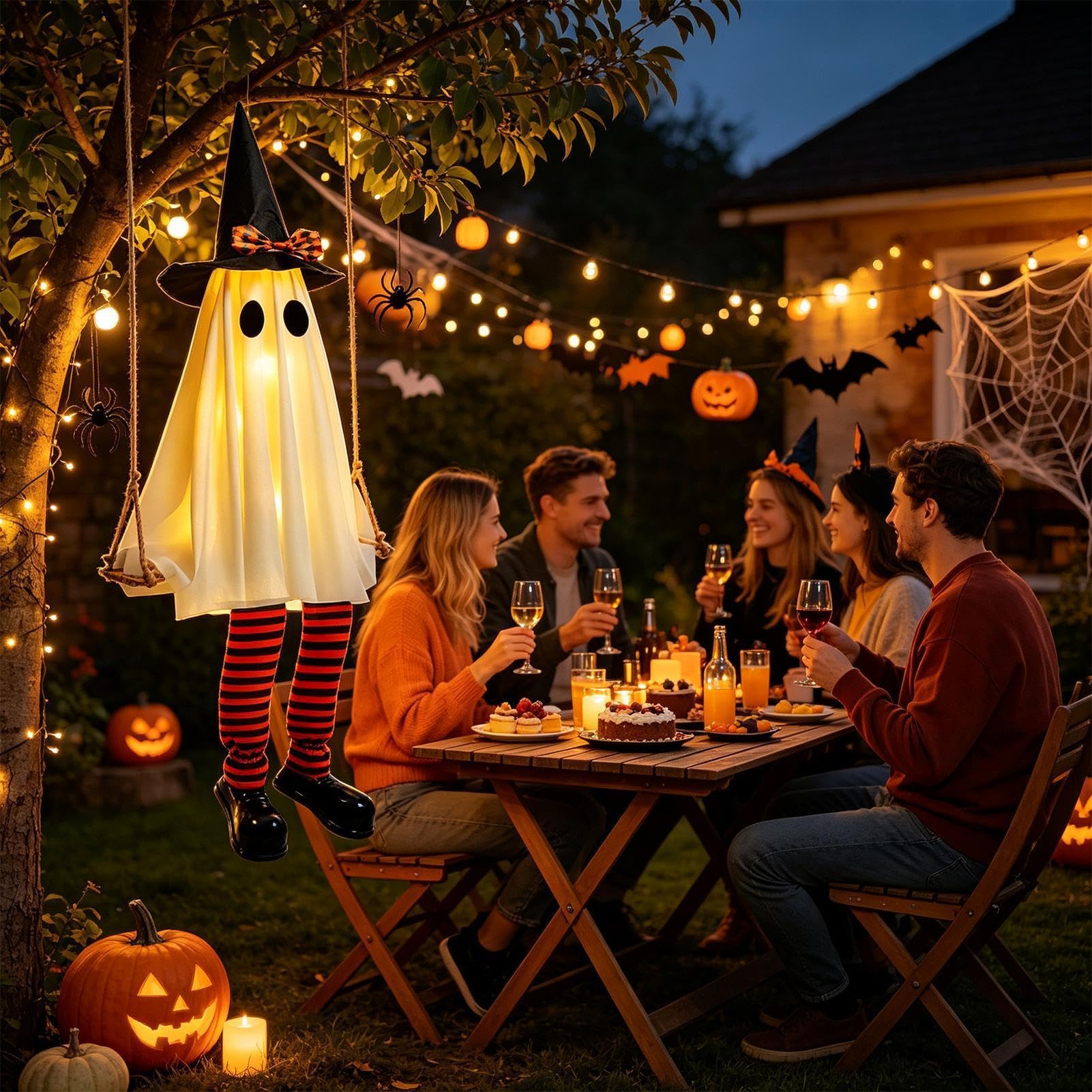 Schwingender Geist, 1,8 m, Outdoor-Dekoration mit Hexenhut, Lichterkette
