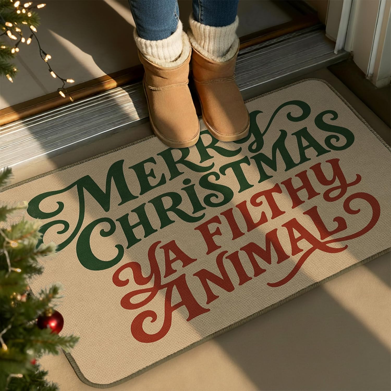 Merry Christmas Ya Filthy Animal Door Mat, Retro Red and Green Christmas Doormat Indoor Outdoor Entrance Porch, Vintage Xmas Welcome Mats for Front Door Entryway, 17x41 Inches