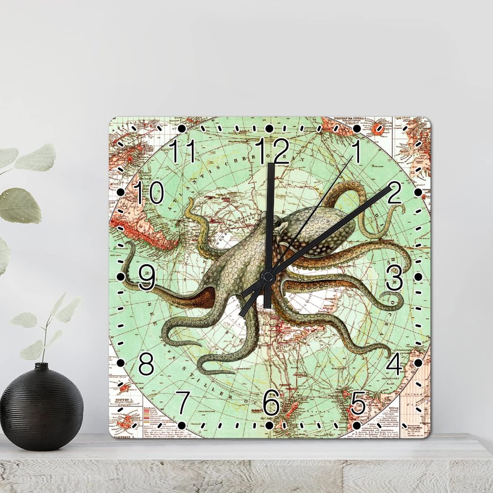 Horloge murale carrée pieuvre silencieuse 30,5 cm pendule à piles salon