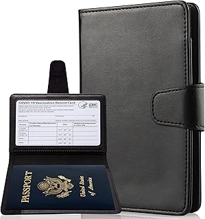 Passport and Vaccine Card Holder Combo, Fit for 4 x 3 Vaccine Card, Leather Passport Wallet Cover with Vaccine Card Slot, Black