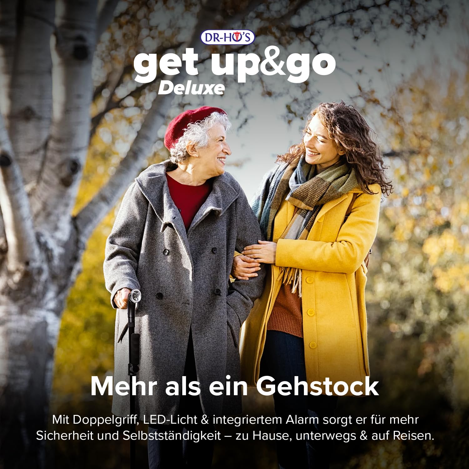 DR. HO’S Get Up & Go | Gehstock Damen & Herren mit LED-Licht & Alarmknopf | Gehstock klappbar & höhenverstellbar | Gehhilfe für Senioren & Erwachsene | Spazierstock 4-Punkt-Standfuß | Walking Stick