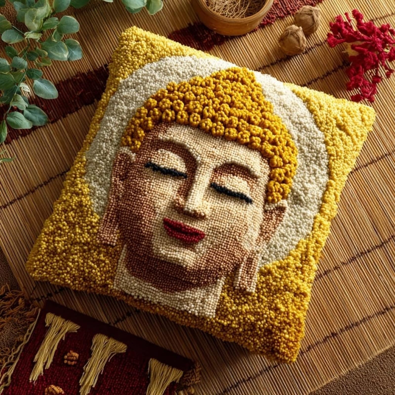 AxiangziK Latch Hook Cushion Kit 43x43cm,Buddha Statue Complete Needlecraft Set with Pre-Cut Yarn & Tools,Creative Home Decor Gift for All Ages