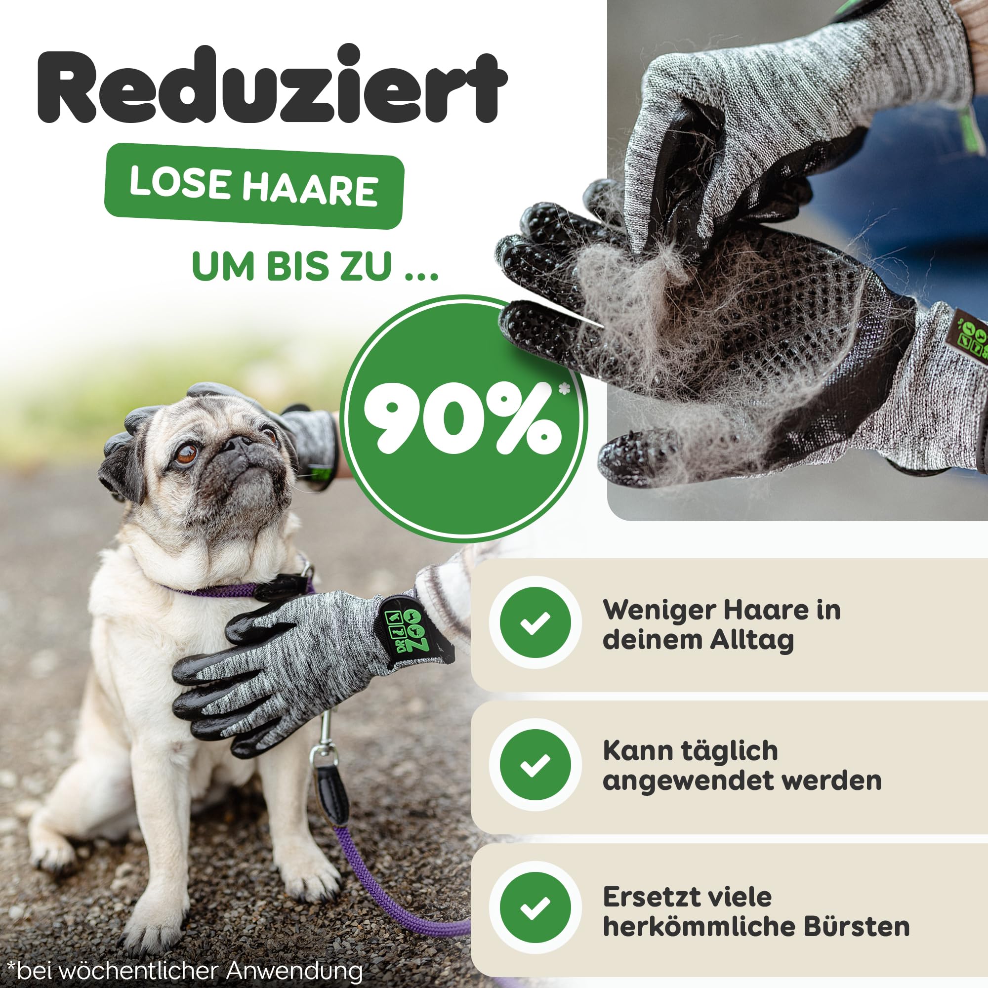 Dr. Zoo Guanti professionali per toelettatura; per qualsiasi animale domestico con pelo corto, medio e lungo; possono essere utilizzati come spazzola per cane/gatto/cavallo o pettine al curry; guanto