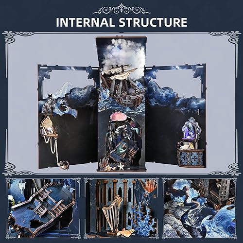 Miniatura 12 de Kit de rincón de libros en miniatura, rompecabezas de madera 3D con luz LED para decoración de estantería (más allá de la biblioteca)