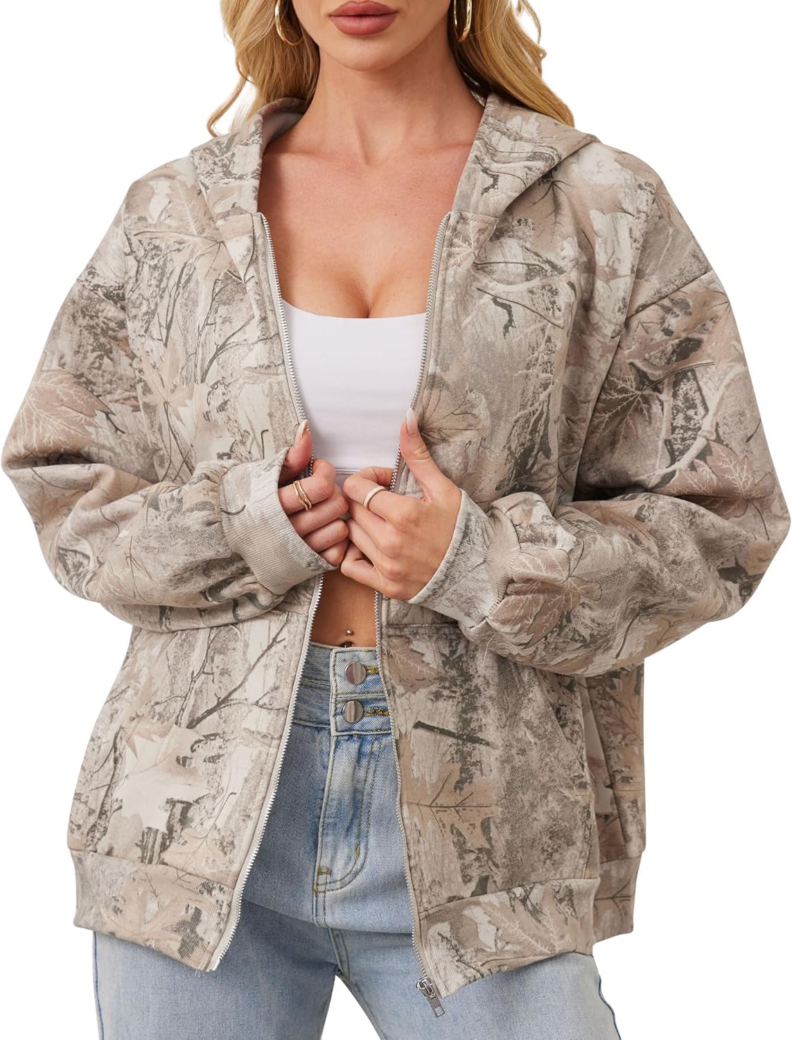 Womens Camo Zip Up Hoodie Long Sleeve Maple Leaf Print Oversized Hooded Jacket Fleece Full Zip Sweatshirt with Pockets