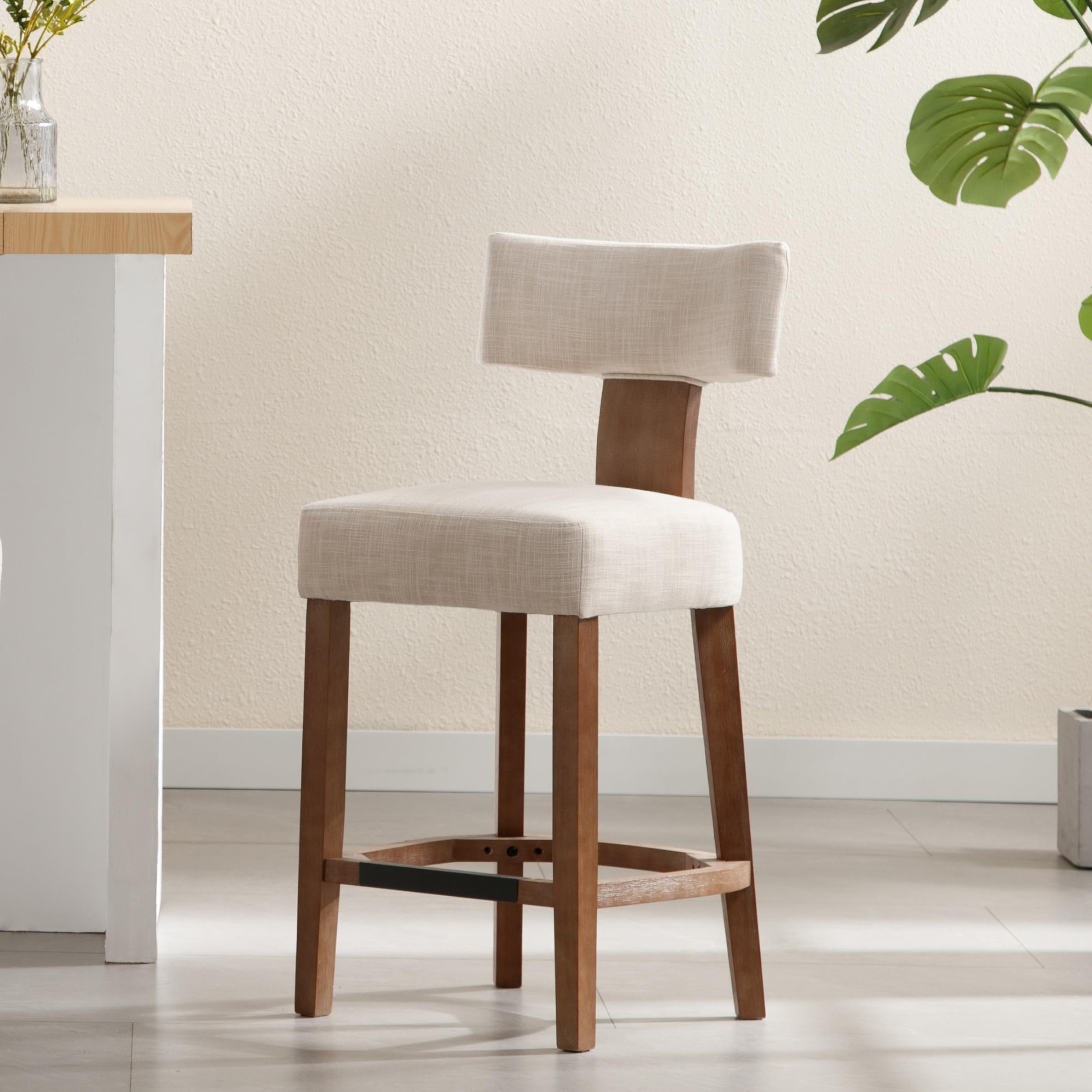 RIVOVA 26” Counter Stool Counter Height Bar Stools Modern Kitchen Bar Stools with Back and Solid Wood Legs, Farmhouse Upholstered Linen Island Stools Countertop Bar Chairs, Beige