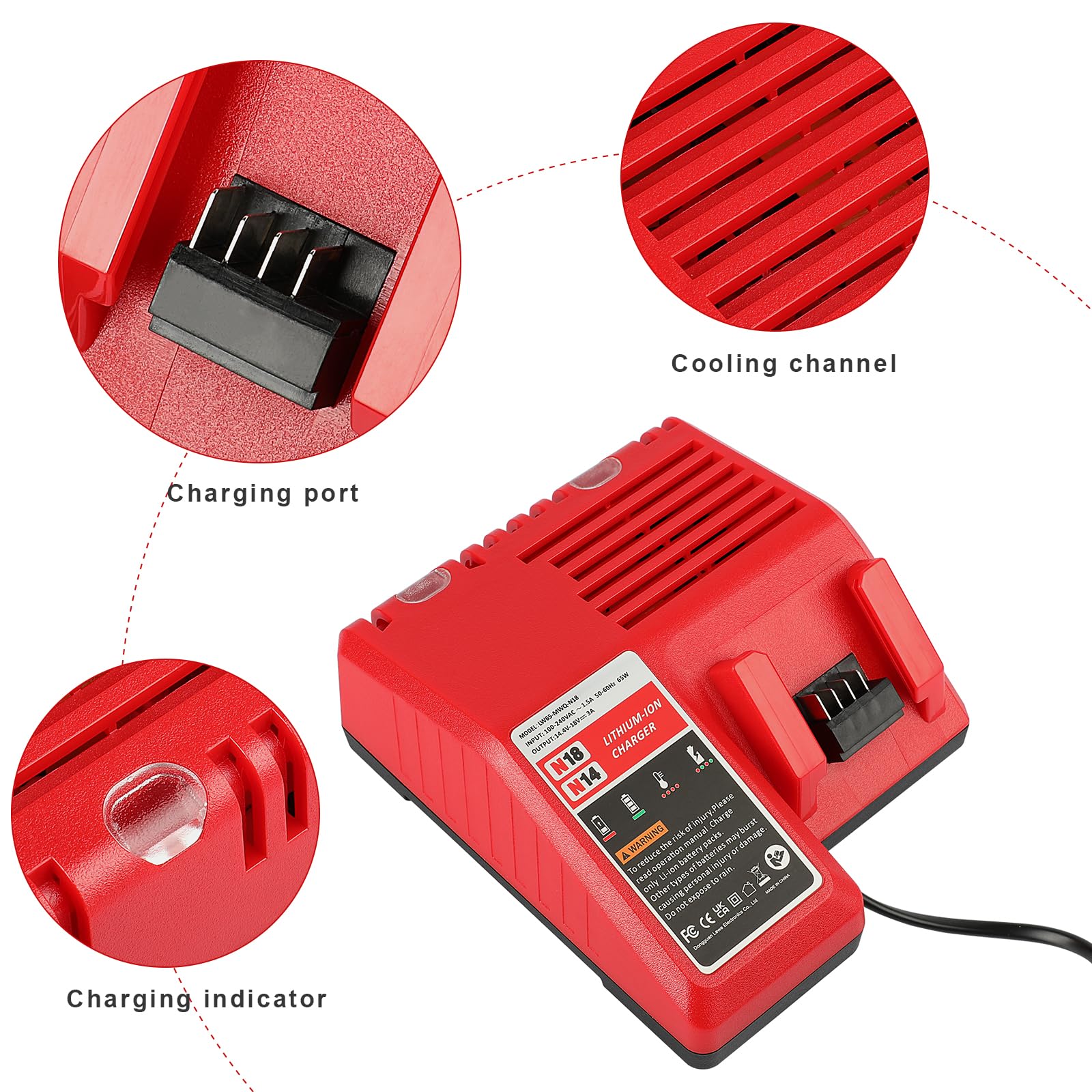 LabTEC Cargador de una batería M18 para Milwaukee, Cargador de 18 V y 65 W de Repuesto para Milwaukee XC 48-59-1812, 48-11-1820, 48-11-2402, 48-11-1840, 48-11-1850, 48-11-1852 y 48-11-2401