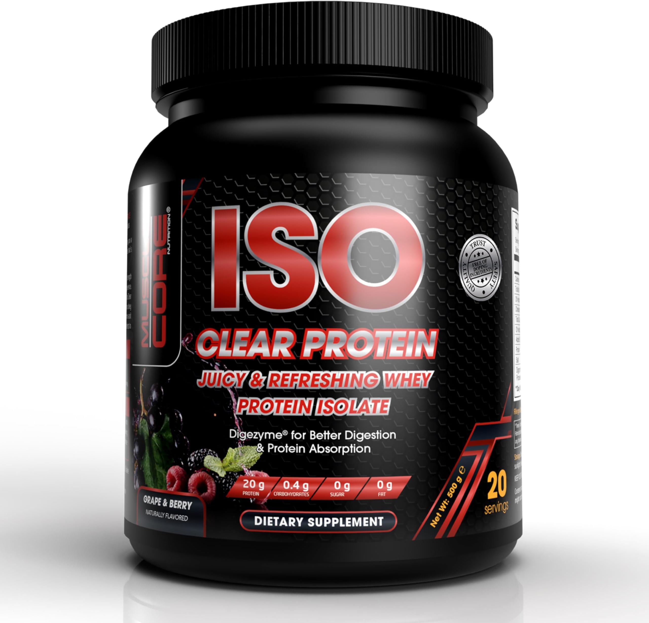 Muscle Core ISO Clear Whey Isolate with Digezyme Digestive Enzymes I 20 Grams Protein, 5.5 Grams BCAA I Maximum Muscle Support & Recovery I Grape & Berry Flavour I 500 Grams (20 Servings)