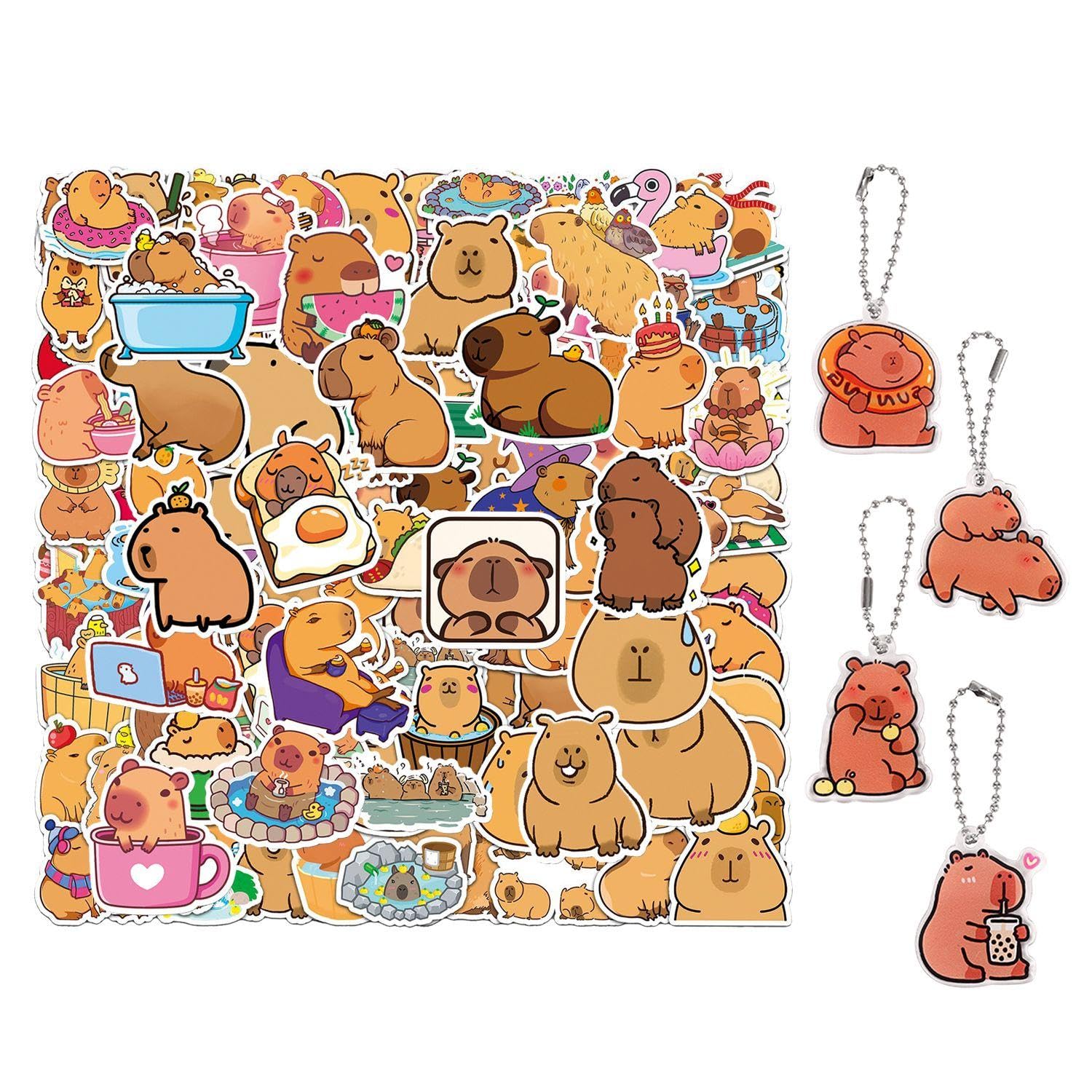 HINFHI 100 Cartoon Capybar Stickers And 4 Pieces Capybar Keychains, Cute Animal Stickers, Fun Keychains, Children'S Gifts
