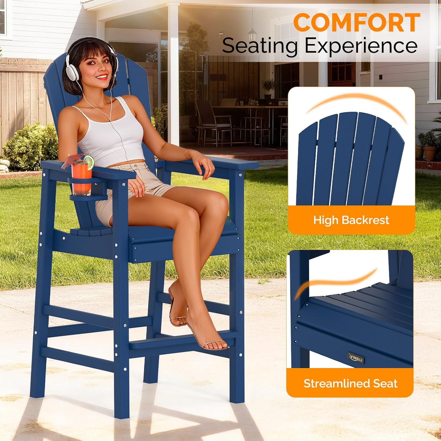 VINGLI Tall Adirondack Chairs Set of 2, All-Weather Plastic Adirondack Chair with Cup Holders, Heavy-Duty HDPE Outdoor Bar Stools for Patio, Balcony, Pool, Backyard (Navy Blue, 2 PCS)