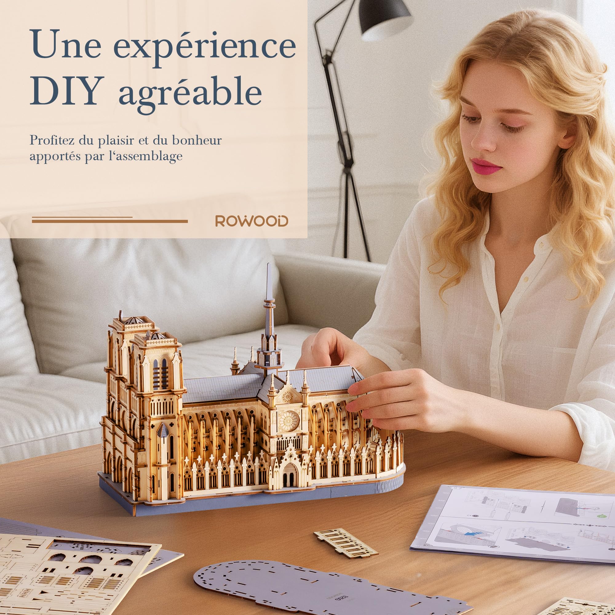 ROWOOD Notre Dame de Paris Puzzle 3D en Bois Modèle d’Architecture, 330 Pièces Kit DIY Découpe Laser pour Adultes et Adolescents, Décoration Élégante et Cadeau Créatif pour Passionnés d’Architecture