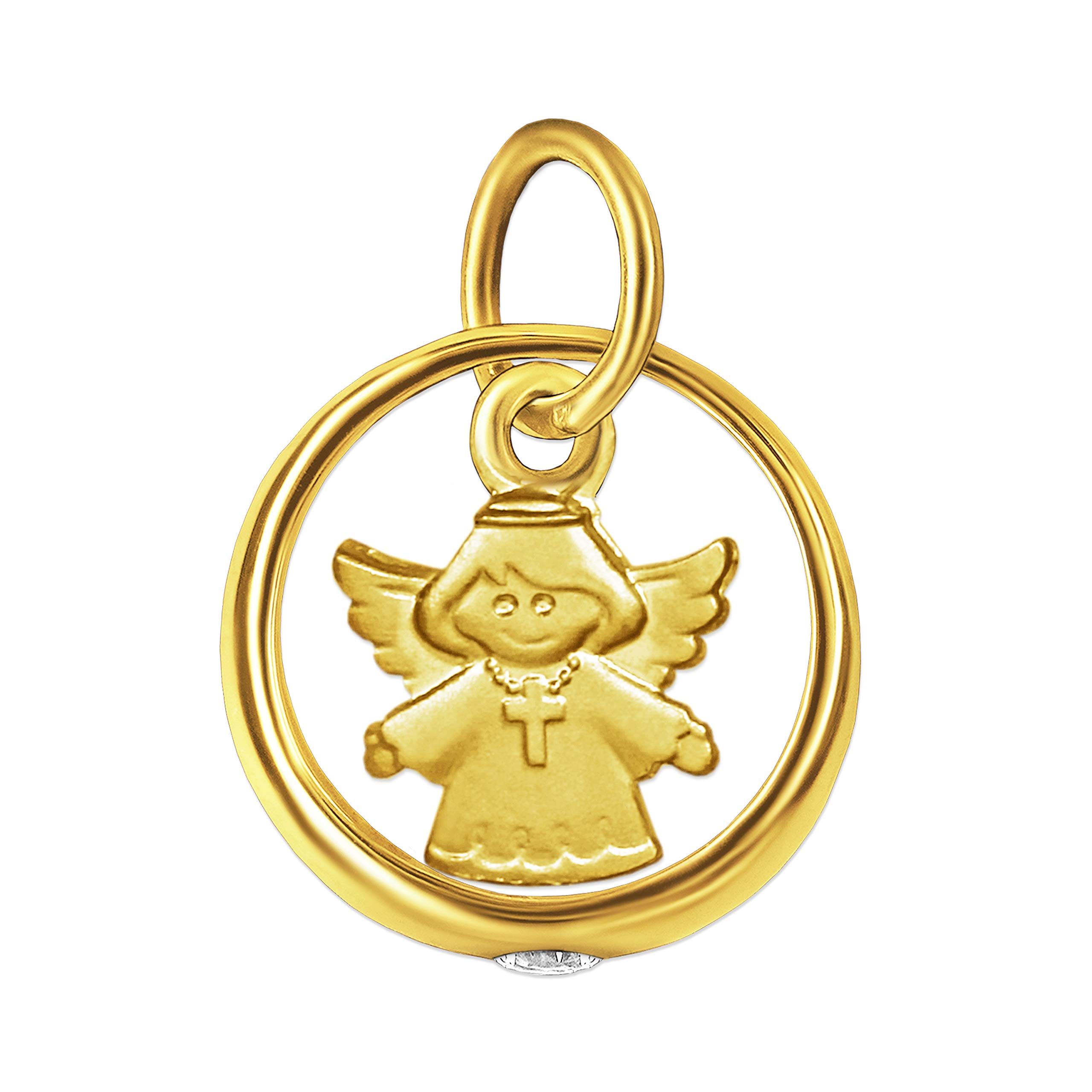 CLEVER SCHMUCK zestaw złotych małych pierścionków na chrzest, błyszczących cyrkonii, biały z zawieszką w kształcie anioła dzieci 7 mm, łańcuszek z krzyżykiem, jedwabisty mat, łańcuszek o splocie pancerka, 34 cm, oba elementy 33, 8 karatów