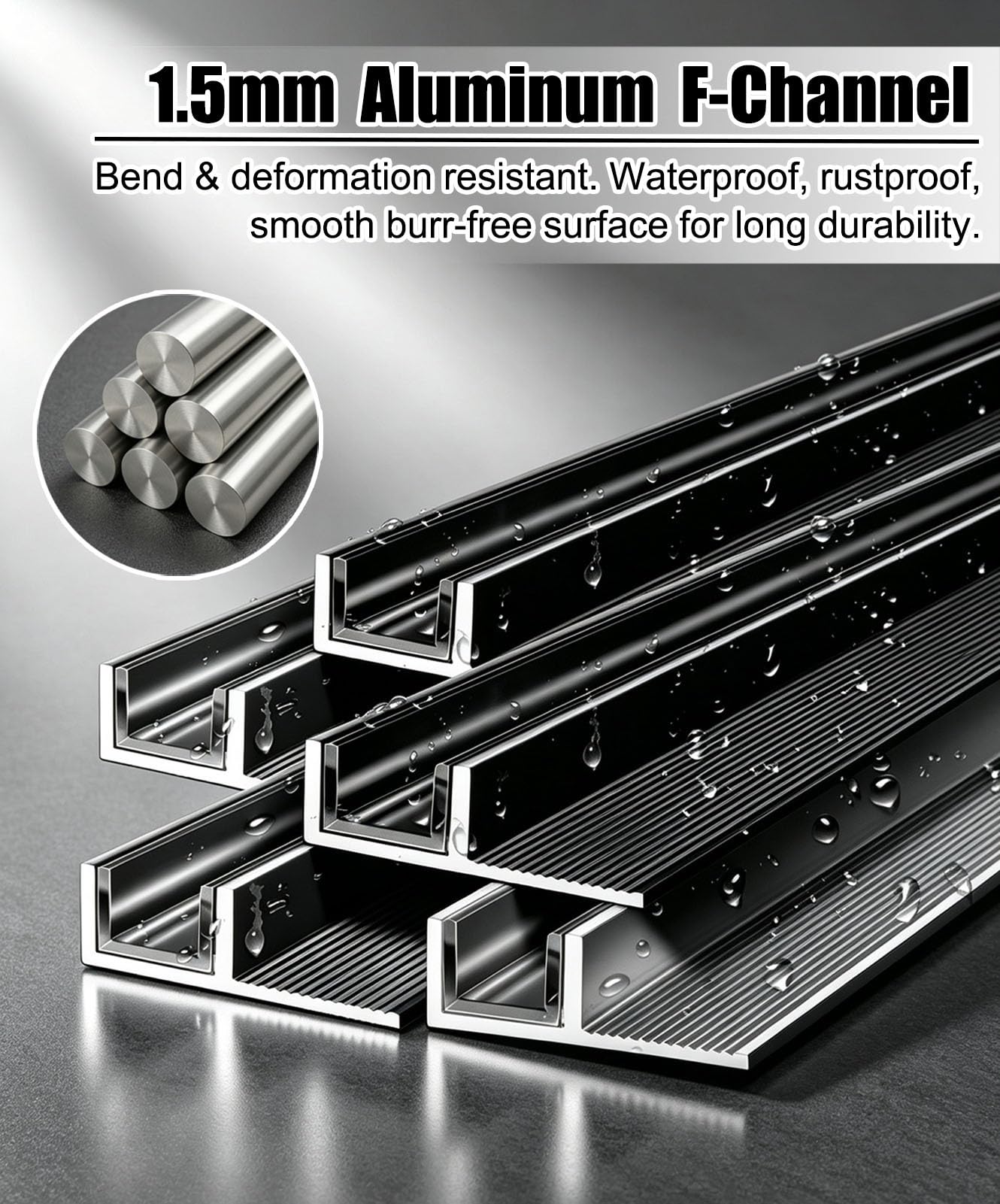 Perfil en U de Aluminio Perfil en F de 15Mm de Profundidad para Mampara | Perfil en F de Aluminio para Mampara de Ducha sin Marco de 8/10/12 Mm, Junta Goma Fijación(10mm(3/8"),L3.0m(9.8ft))