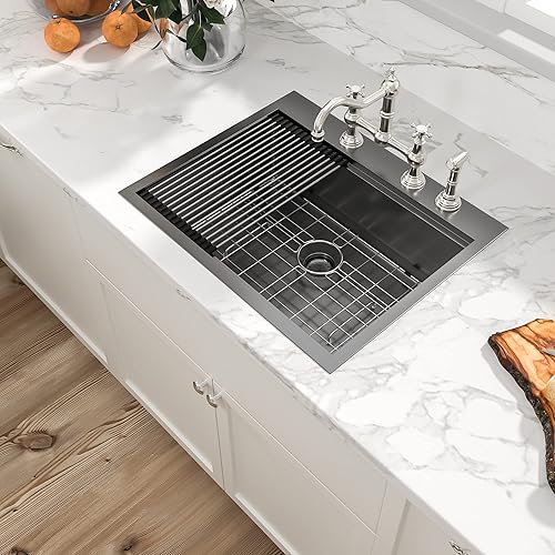 Miniatura 12 de Sarlai Fregadero de barra de 21 gotas de acero inoxidable - Fregadero de cocina de 21 x 20 pulgadas, estación de trabajo de montaje superior, acero