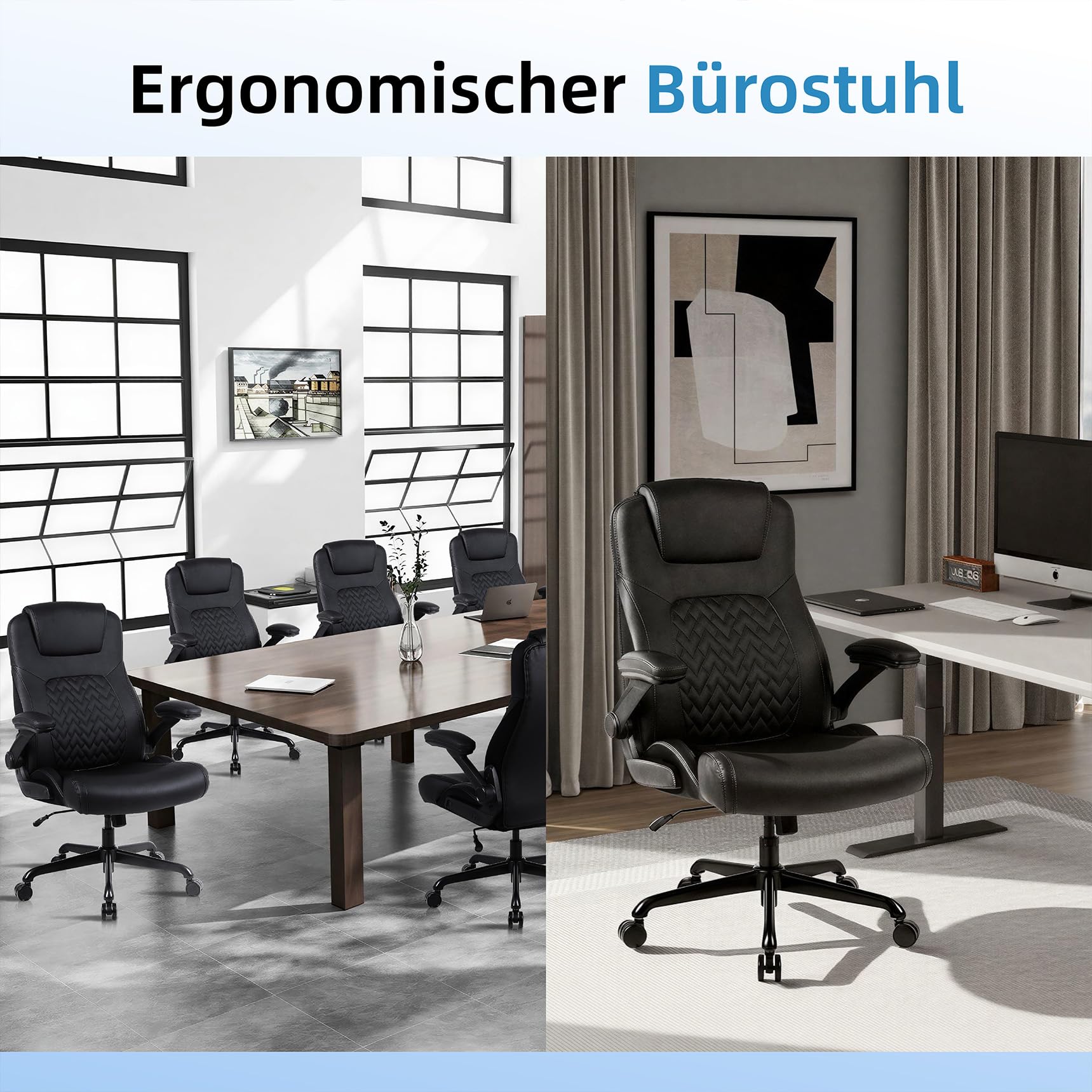 Ergonomischer Professioneller Bürostuhl, aus Kunstleder mit Lendenwirbelstütze, klappbaren Armlehnen und höhenverstellbarer Sitzfläche, Gaming-Stuhl mit Rollen für Büro und Homeoffice, Schwarz | Ermnois Bürostuhl Ergonomischer Schreibtischstuhl Profession