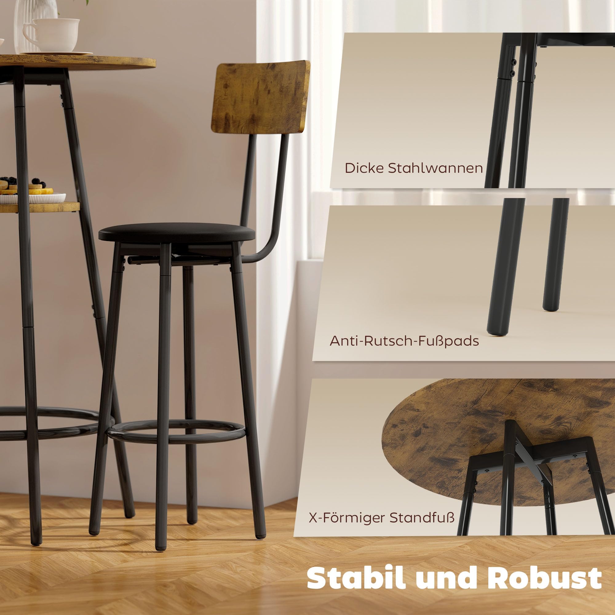 HOMCOM Bartisch mit Barhocker-Set Esstisch mit 2 Gepolsterten Stühlen mit Fußstütze, Metallrahmen, Industrial Bartisch Set Küchetisch mit Ablage für Esszimmer, Kleine Raum, Rustikal-Braun
