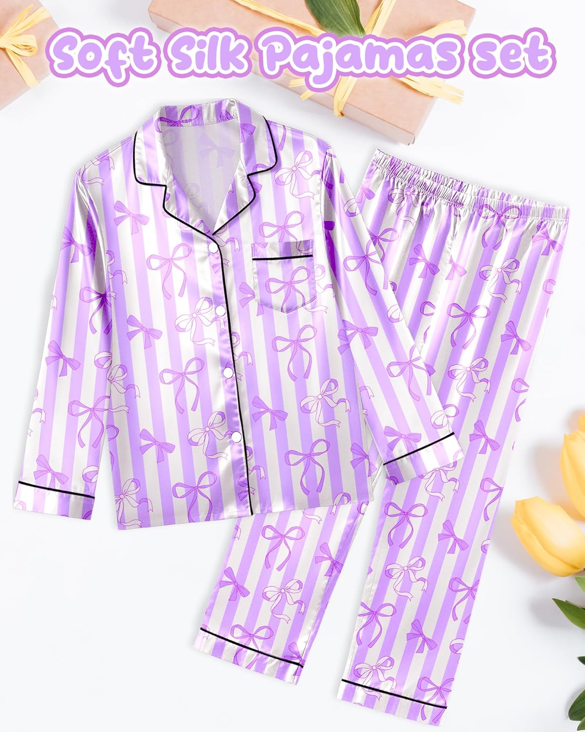 Girls Pajamas Silk PJS Set Satin Sleepwear Long Sleeve Jammies for Kids Button-Down Nightwear Loungewear 3-16 Years - Image 5