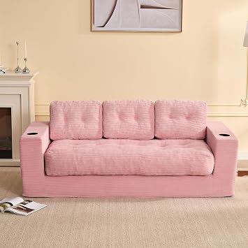 3 Seater Sofa,Space-Saving Boneless Sofa in a Box with Cushions & Cup Holders, Corduroy Floor Sofa with Backrest, No Assembly Required, for Small Spaces & Teens, Pink