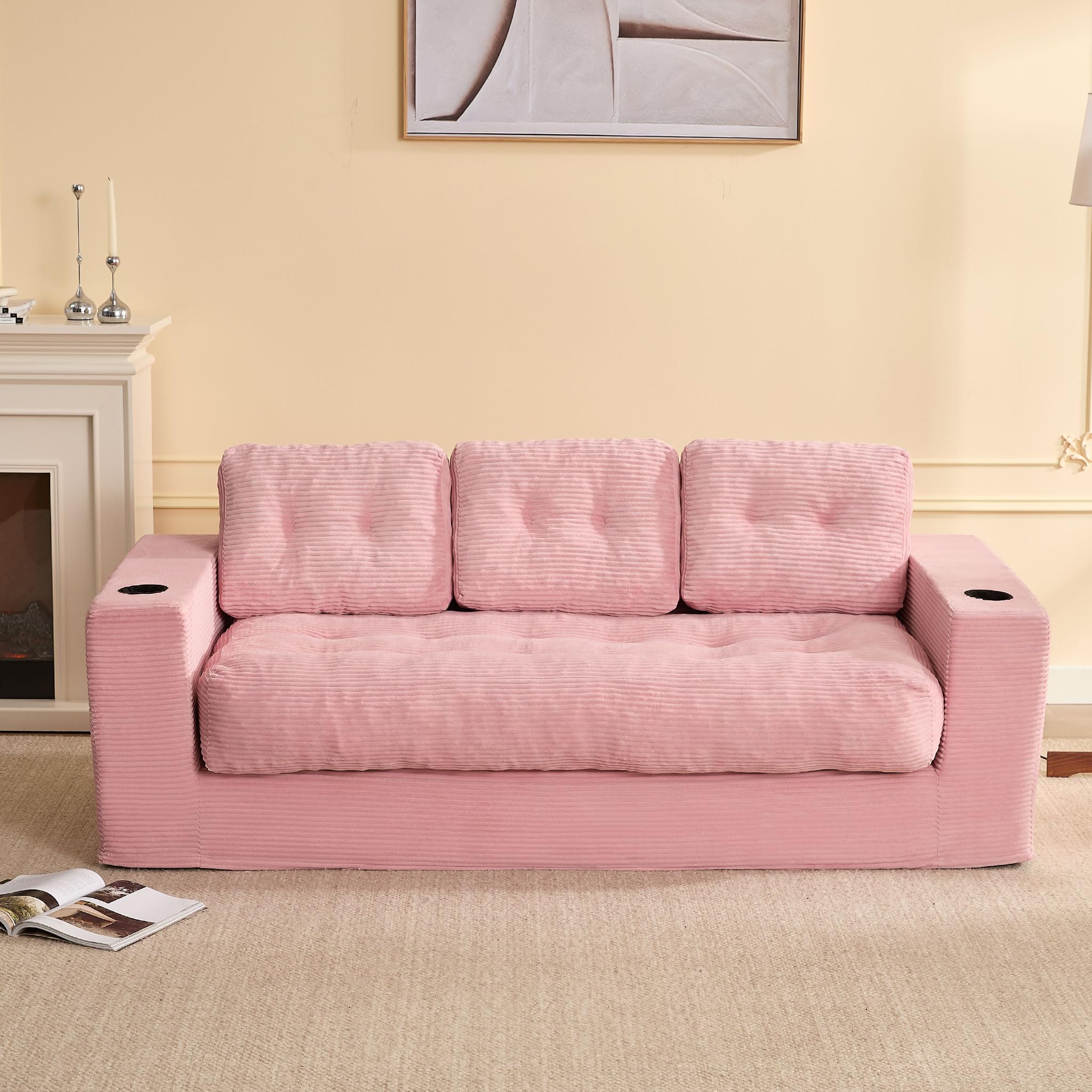 Litbird 3 Seater Couch for Living Room, Space-Saving Boneless Sofa in a Box with Cushions & Cup Holders, Corduroy Floor Sofa with Backrest, No Assembly Required, for Small Spaces & Teens,Pink — image 1