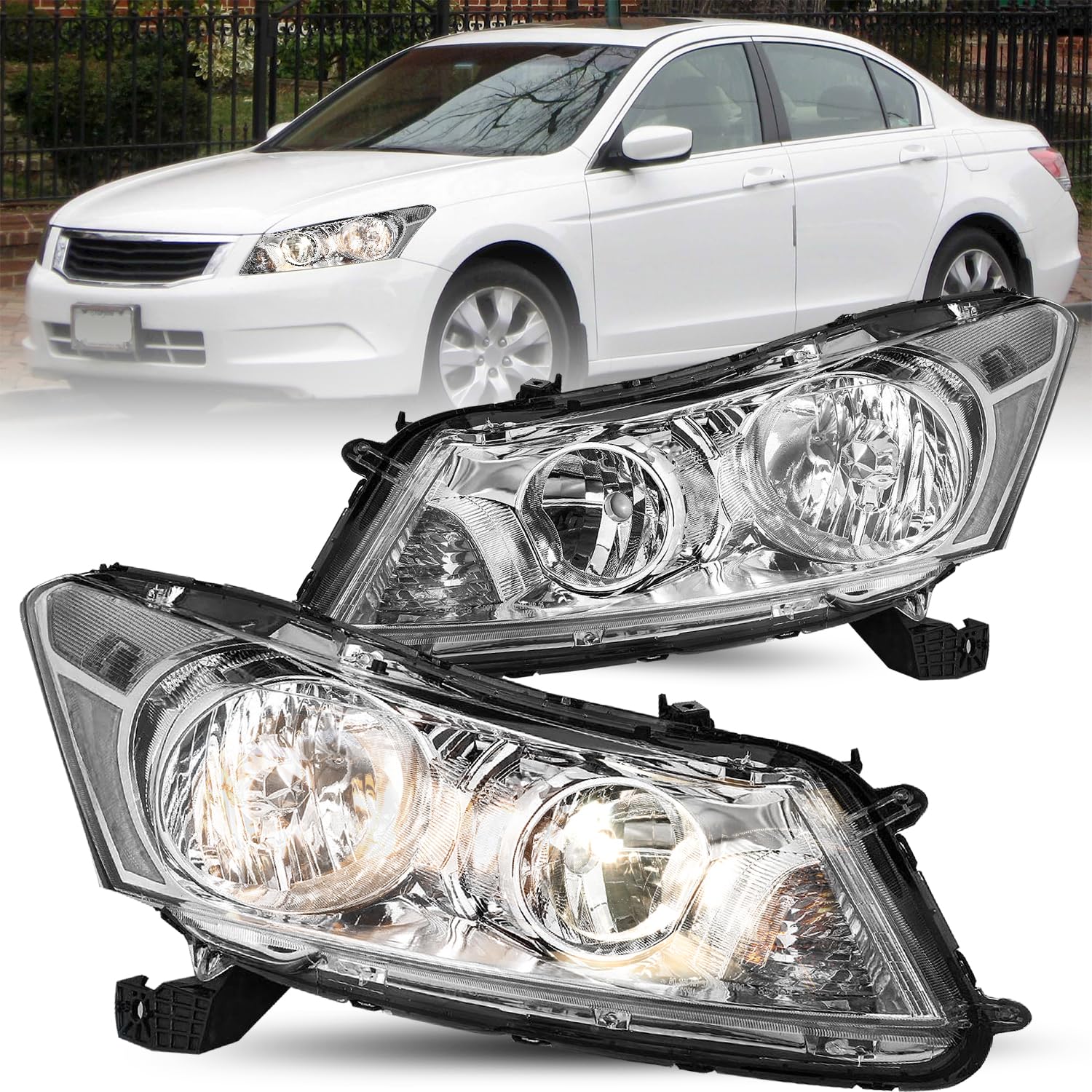 TUSDAR Headlight Assembly Pair for 2008-2012 Honda Accord Sedan 4-Door Halogen Headlamp Replacement Chrome Housing with Clear Reflector Driver and
