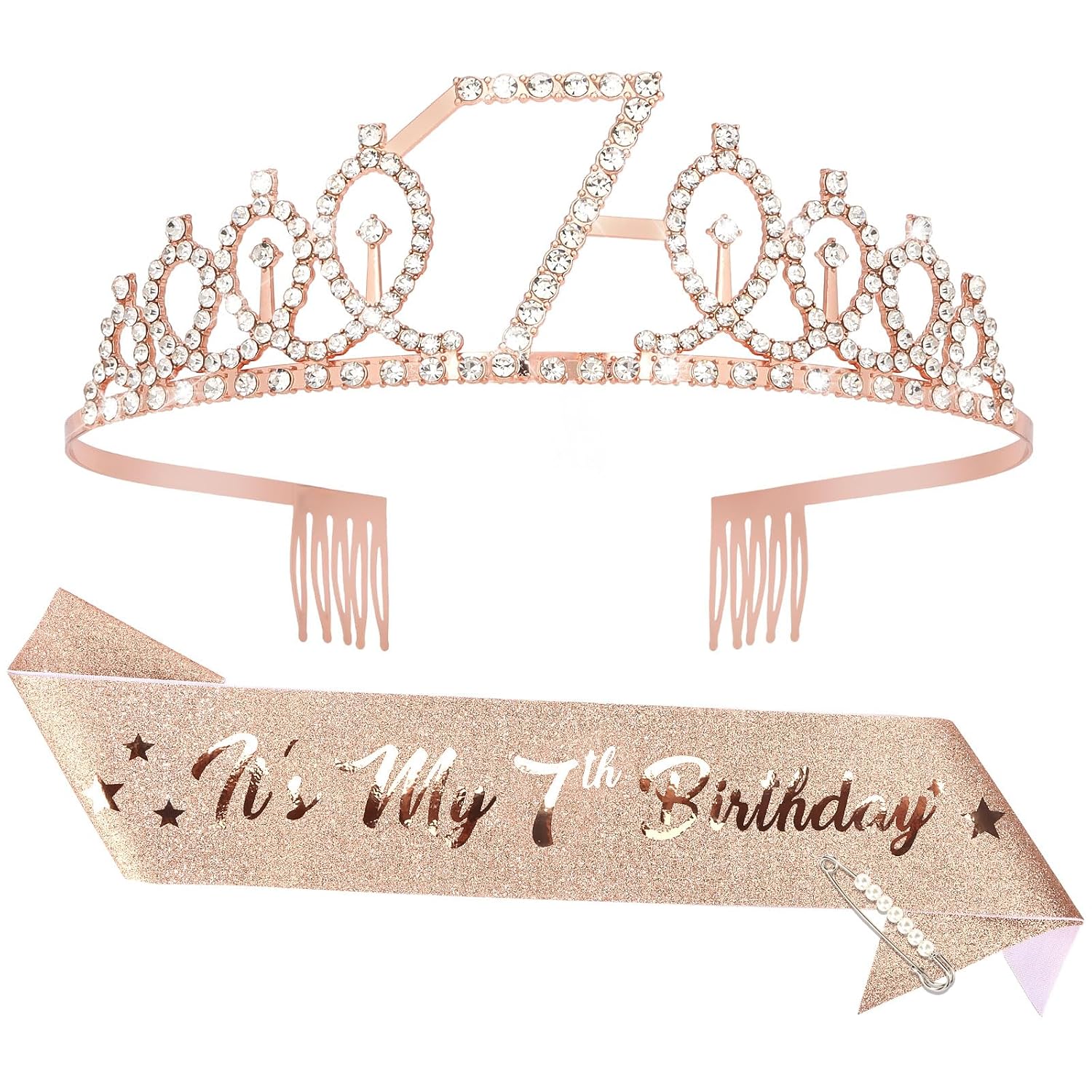 Semato 7th Birthday Decorations for Girl: Rose Gold Sash and Crown Kit with '7th Birthday' Logo, Rhinestone Crown & Glitter Sash for Her Party Supplies