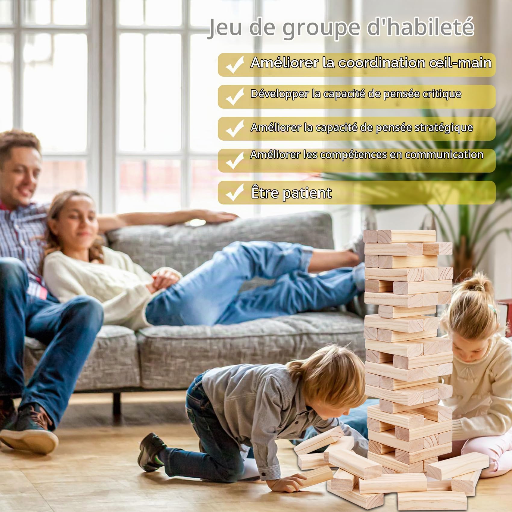 GOTHINK Tour Géante à Culbuter – 51 Blocs En Bois – Empilable Jusqu’à 1,5 M – Sac De Transport – Jeu Intérieur/Extérieur – Dès 3 Ans