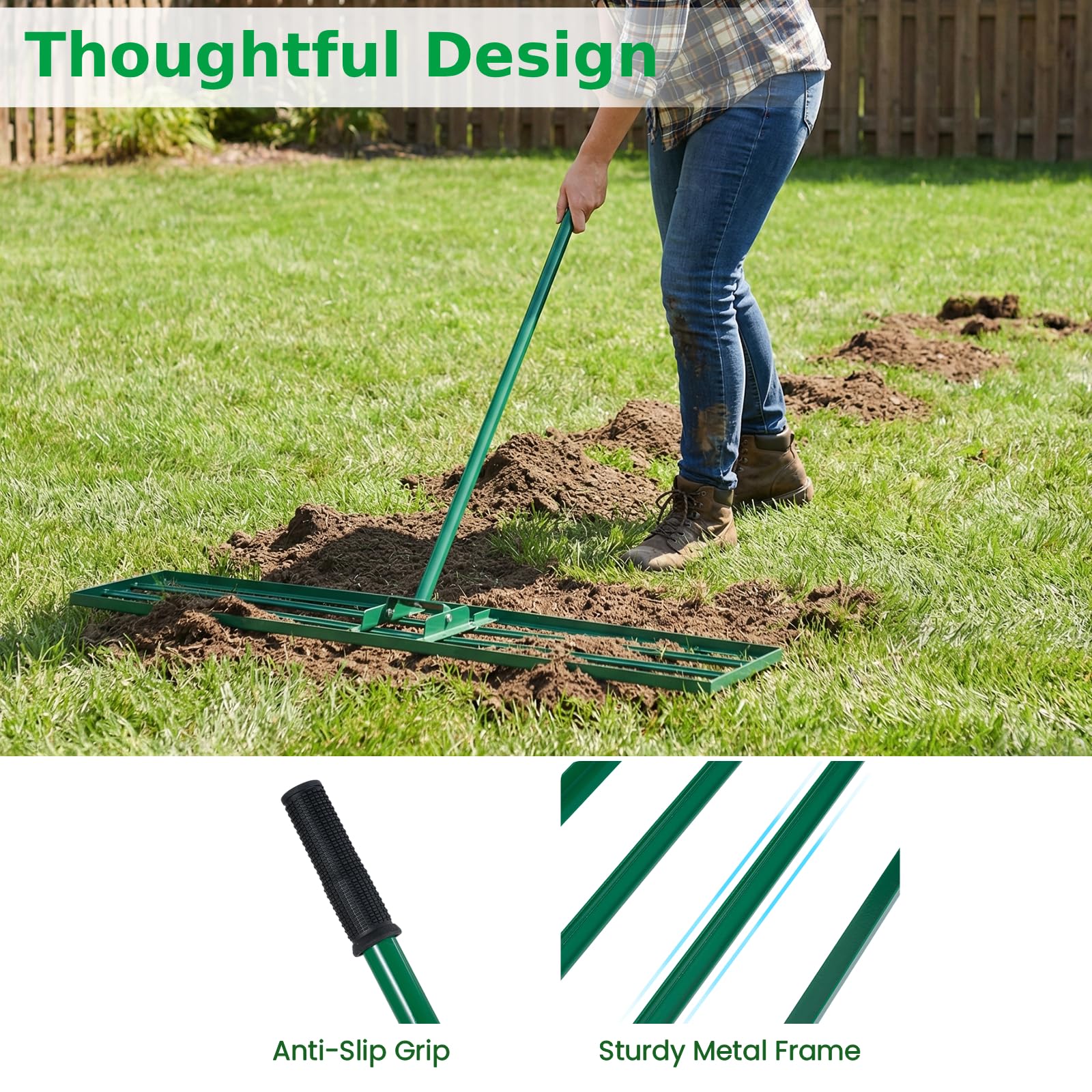 Livella per prato resistente, 76x25 cm, con manico regolabile da 85 a 195 cm, pieghevole, adatta a terreni come terra, sabbia e ghiaia. Design ergonomico per prati, campi da golf e giardini.