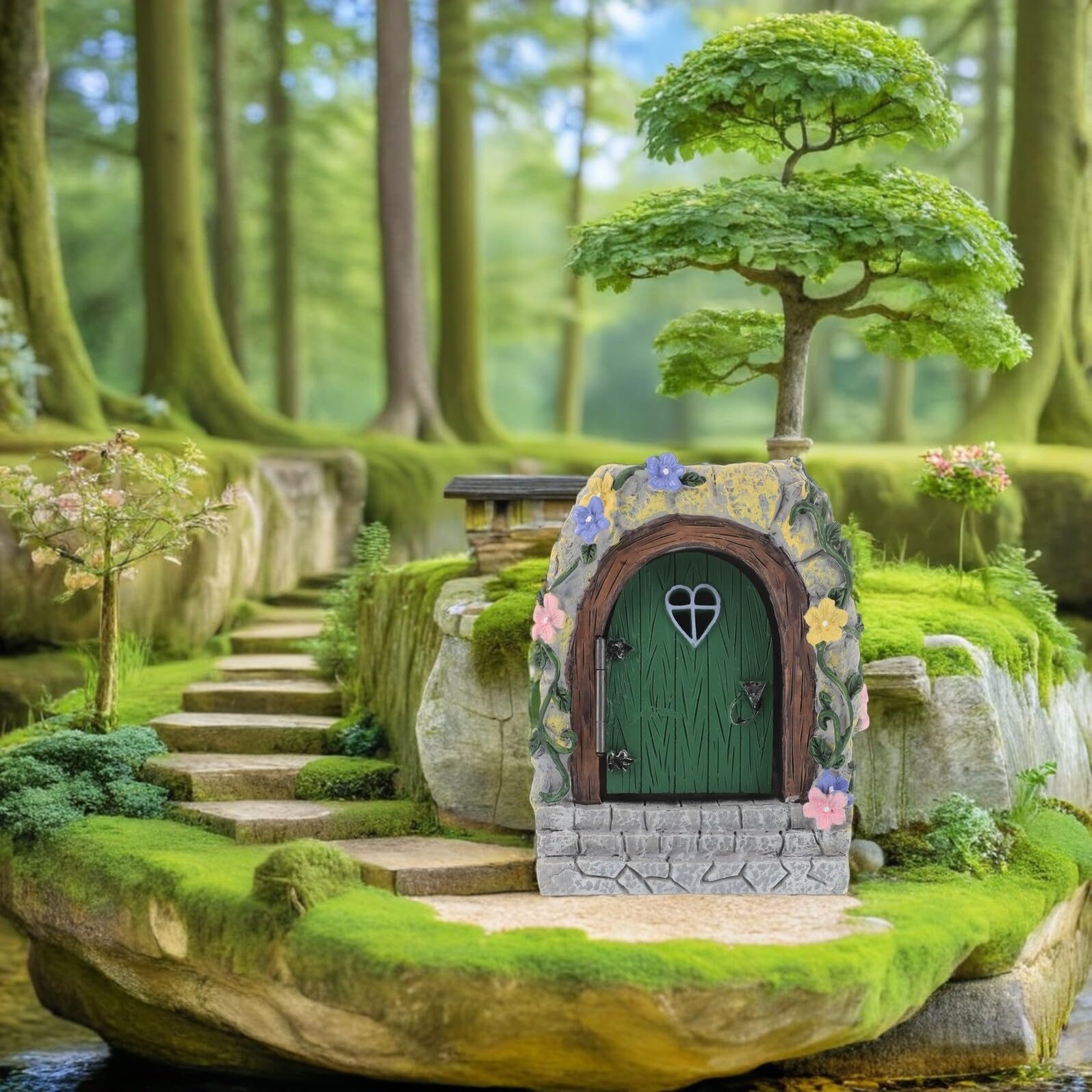 DOITOOL Puerta de Hadas para Jardín Resina con Luz Adorno Miniatura para Árbol Decoración Exterior Resistente la Intemperie para Patios y Bonsáis