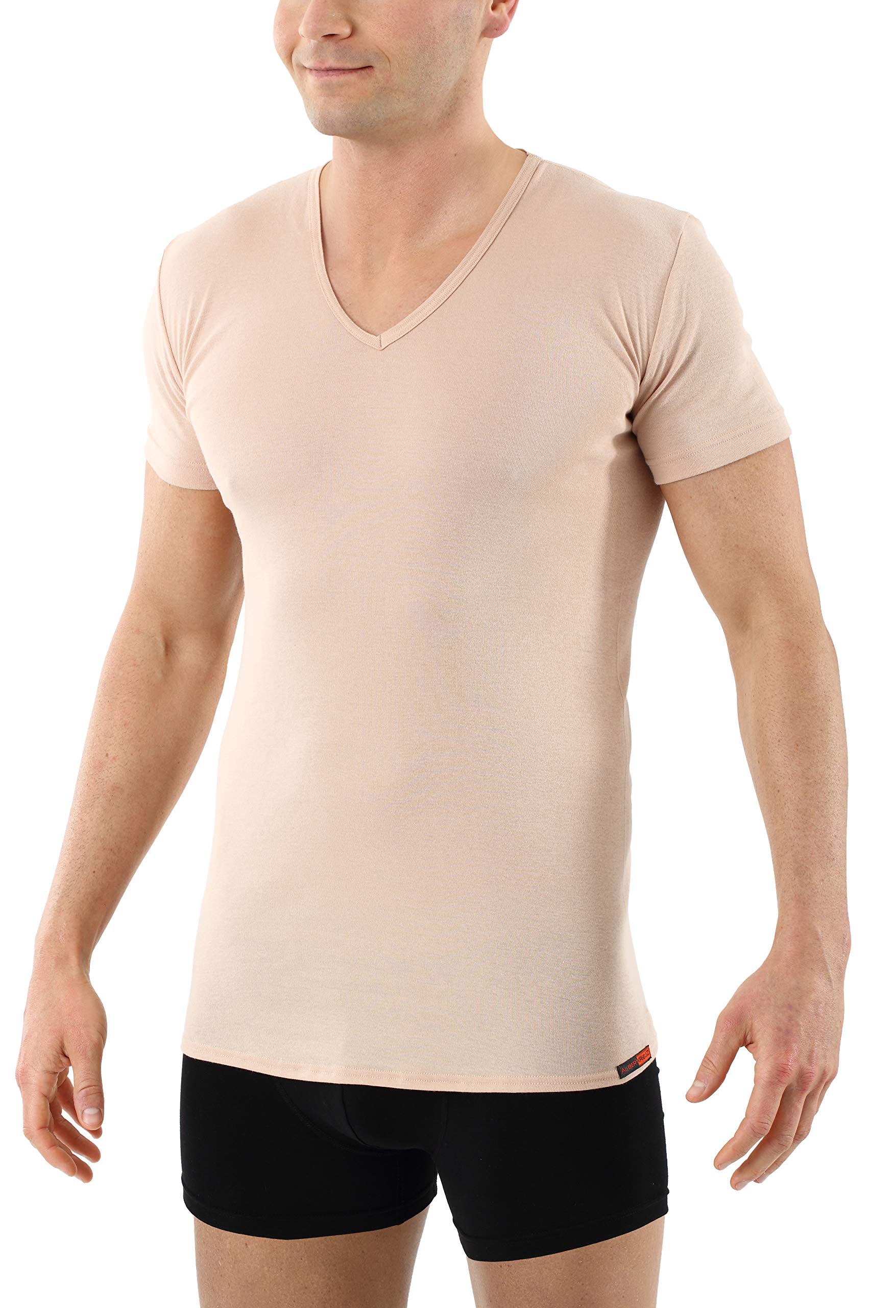 Men's Invisible v-Neck Business Undershirt with Short Sleeves 100% Organic Cotton Nude Beige