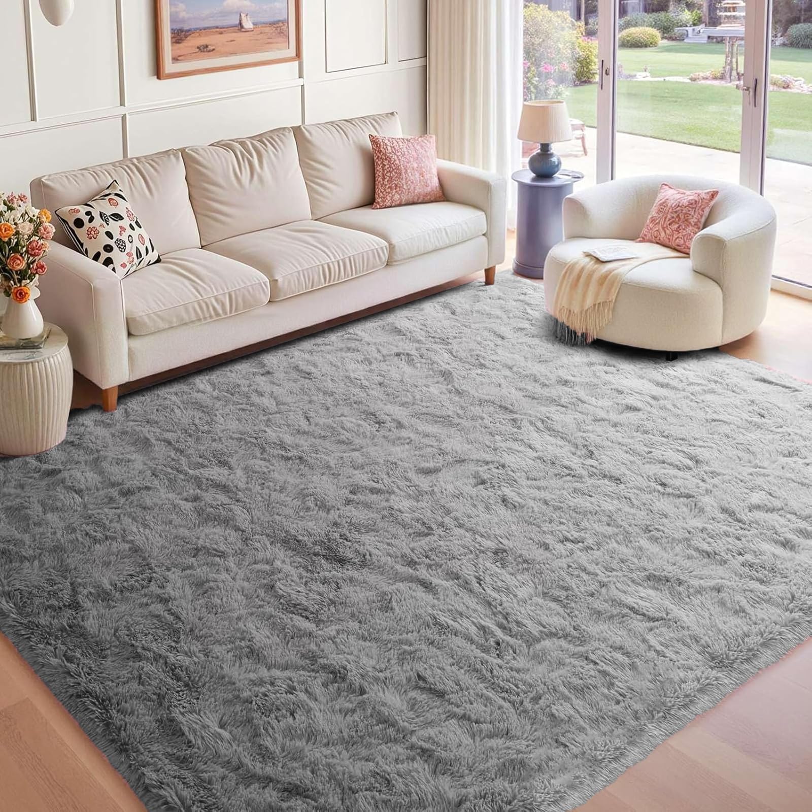 Hochflor Teppich 180 x 400 cm Rechteckig, Langflor, Felloptik, Moderne Deko, Waschbarer Teppich Wohnzimmer Hochflorteppich für Fußbodenheizung Geeignet, Grau