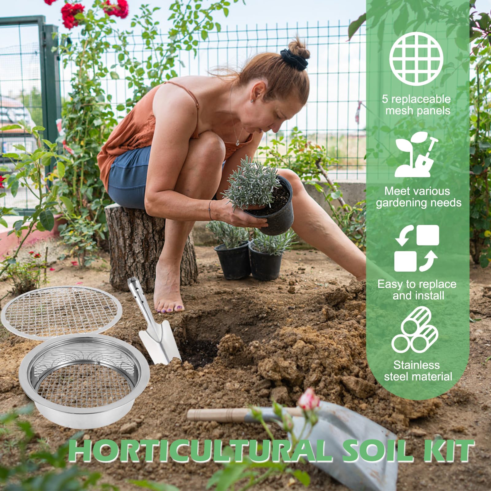 Juego de colador de jardín de acero inoxidable redondo de 20 cm con 5 tamices intercambiables y paleta, diámetro de 1, 3, 5, 7, 9 mm, colador de compost de acero inoxidable para tierra, piedras