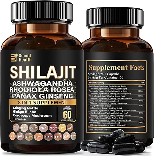 SoundHealth Cápsulas Pure Shilajit 60 unidades Formulación 8 en 1 Extracto concentrado 251 (equivalente a 10,000 mg) Paquete de botella sellada