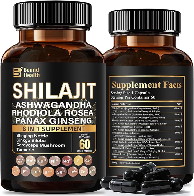 SoundHealth Pure Shilajit Capsules 60 Count | 8 in 1 Formulation | 25:1 Concentrated Extract (10,000mg Equivalent) | Sealed Bottle Packge | Organic and veagn | Nutritional Supplement