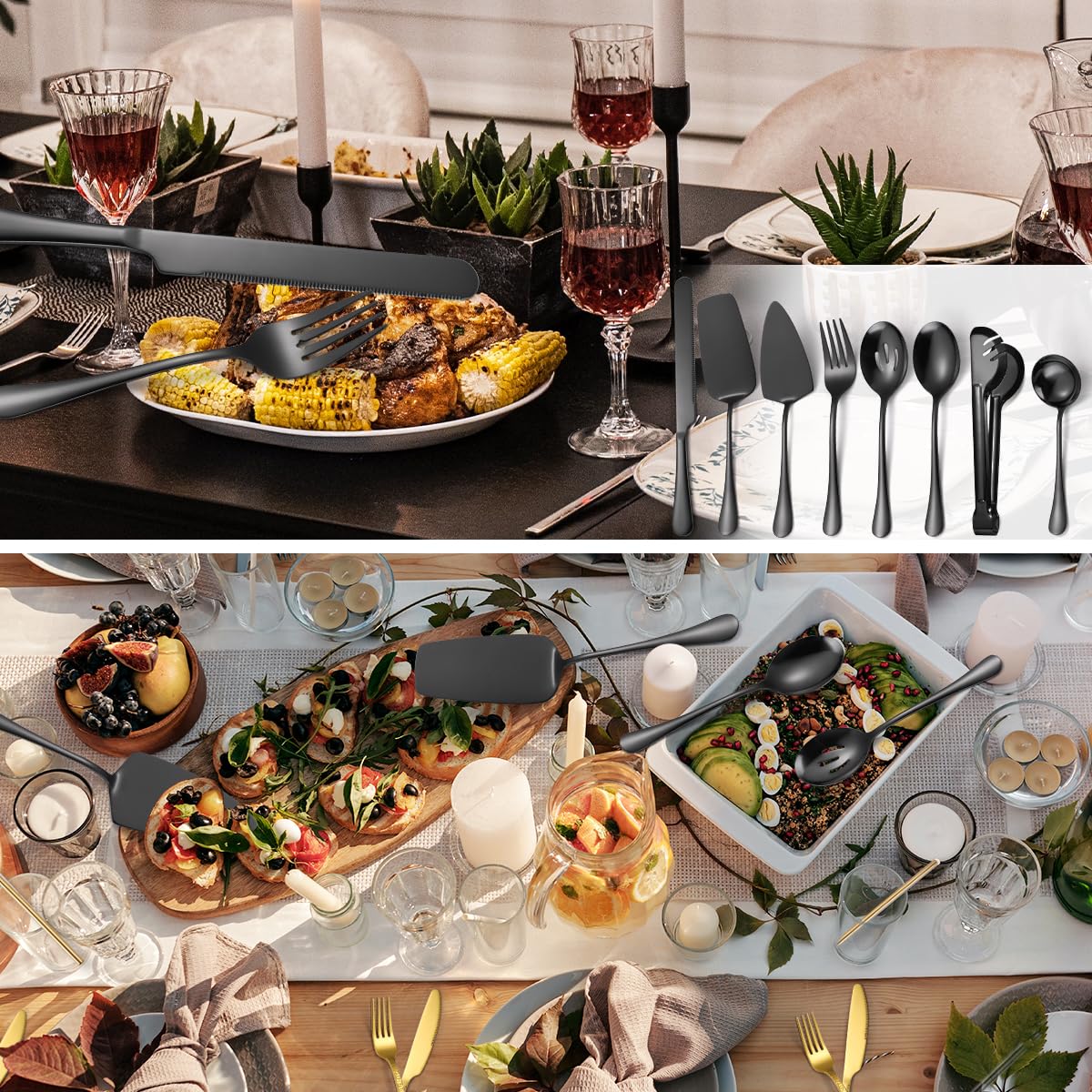 AARAINBOW Set di 8 utensili da servizio, grandi posate a buffet, con cucchiaio, in acciaio inox, per insalate, torte, posate da insalata, per feste, banchetti (8 nero)