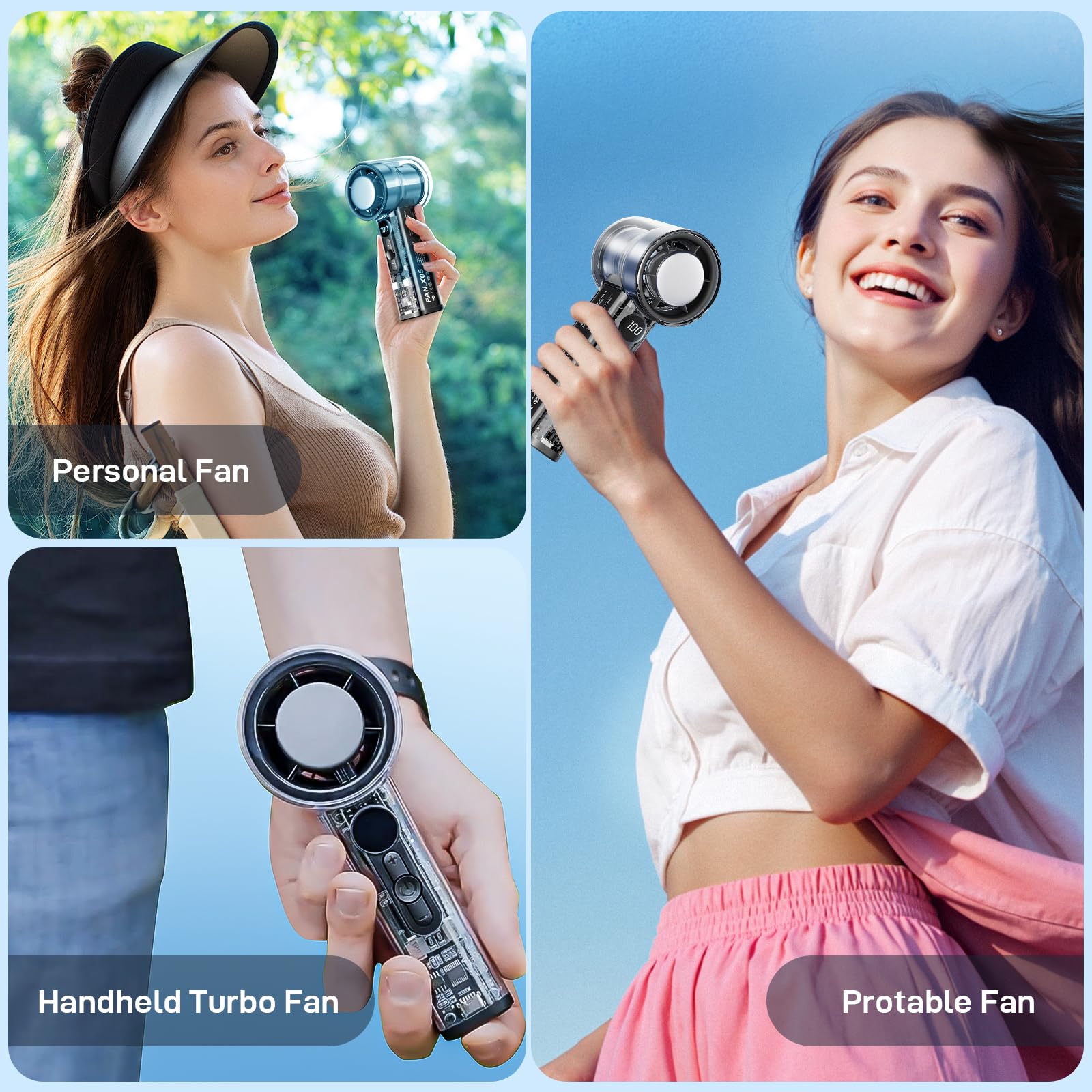 Yincook Portable Fan Mini Handheld Turbo Fan for Travel, Rechargeable Personal Fans for Ice Cooling, High Speeds 1-100 Adjustable, LED Display, Transparent Hand Held & Desk Fans for Office, Outdoor 4