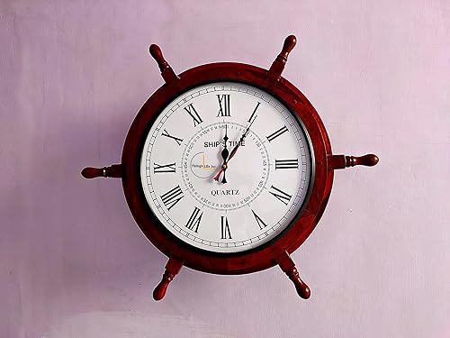 Miniatura 9 de DnU Avenue Reloj de pared de madera hecho a mano con rueda de barco para decoración del hogar y la oficina hecho a mano con madera natural
