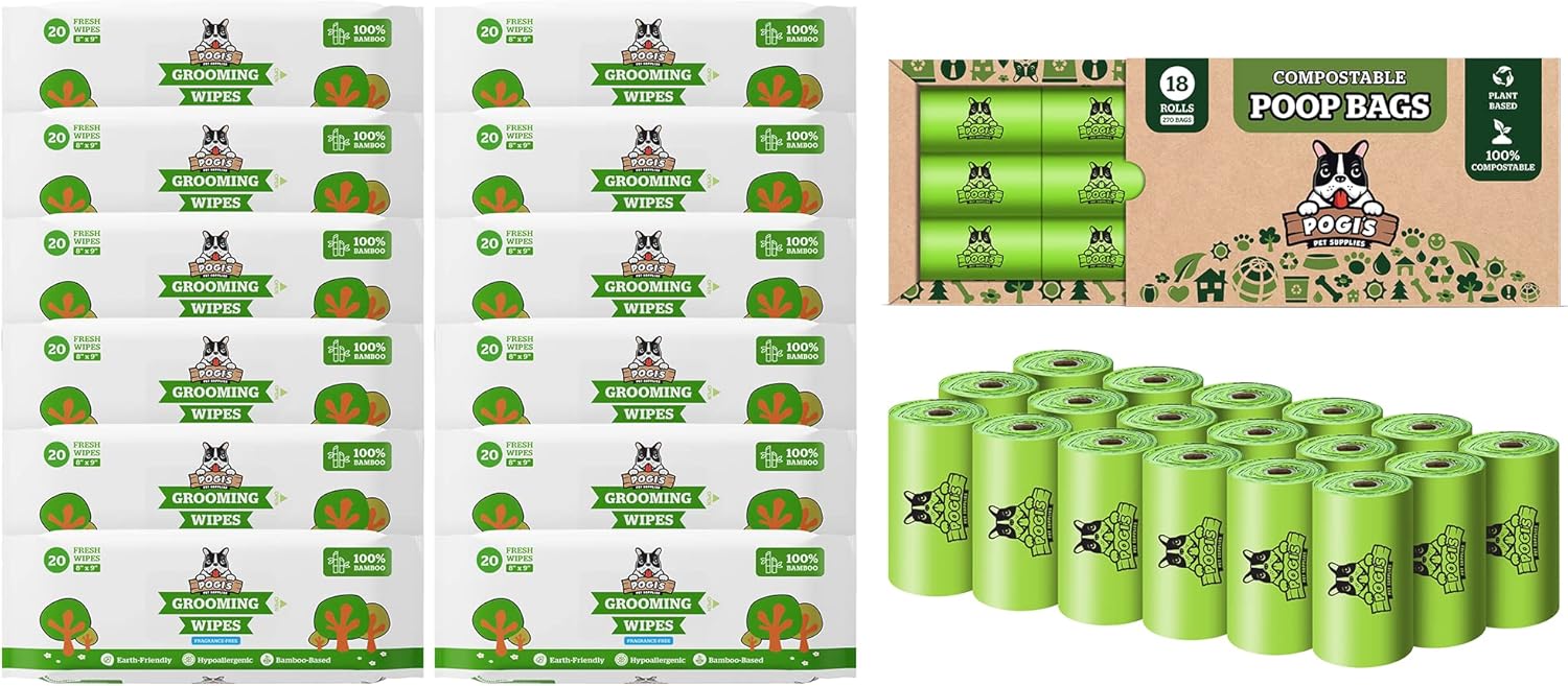 Pogi's Poop n' Wipe Travel Pack - 270 Compostable Dog Poop Bags and 240 Grooming Wipes in Travel Packs Bundle