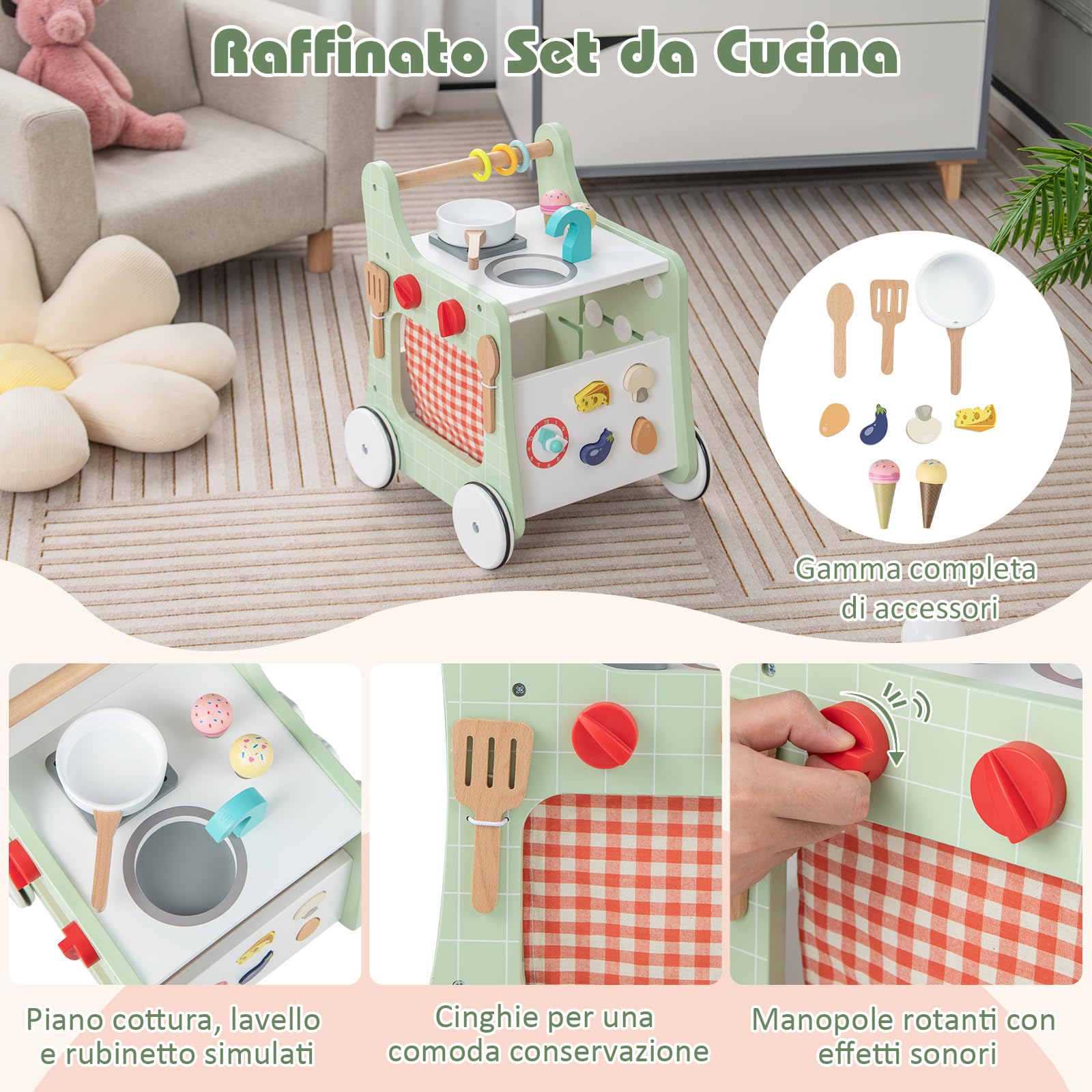 COSTWAY Carrello Primi Passi in Legno per Bambini, Centro Attività Montessori con Giacattoli, Gioco Educativo con Ruote, Girello per Bambini 12 Mesi +, 31 x 34,5 x 42 cm (Verde)