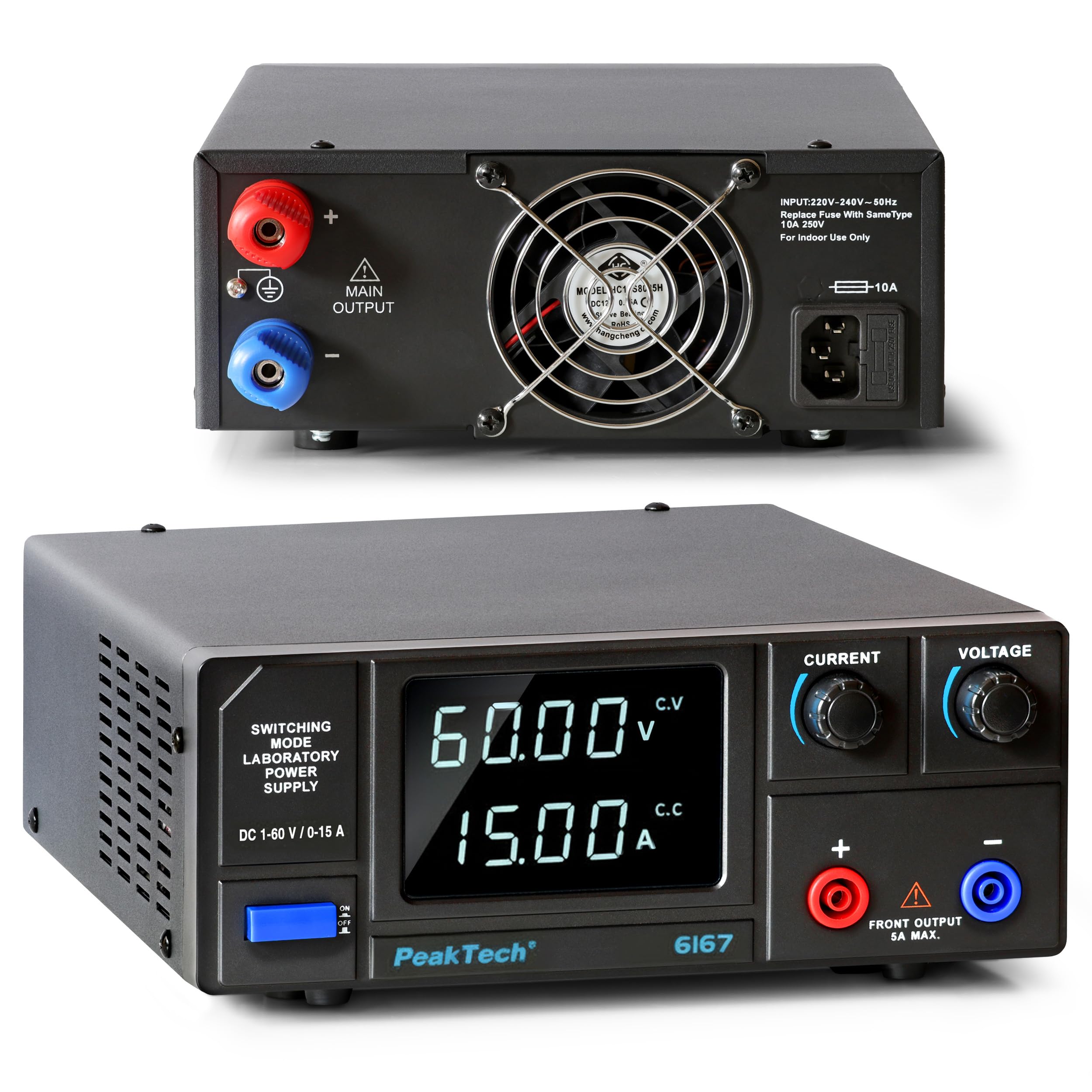 PeakTech 6167 – zasilacz laboratoryjny DC 1-60 V / 0-15 A @ 900 W wyświetlacz segmentu LED, zasilacz High Power z regulowanym napięciem wyjściowym, zasilacz laboratoryjny