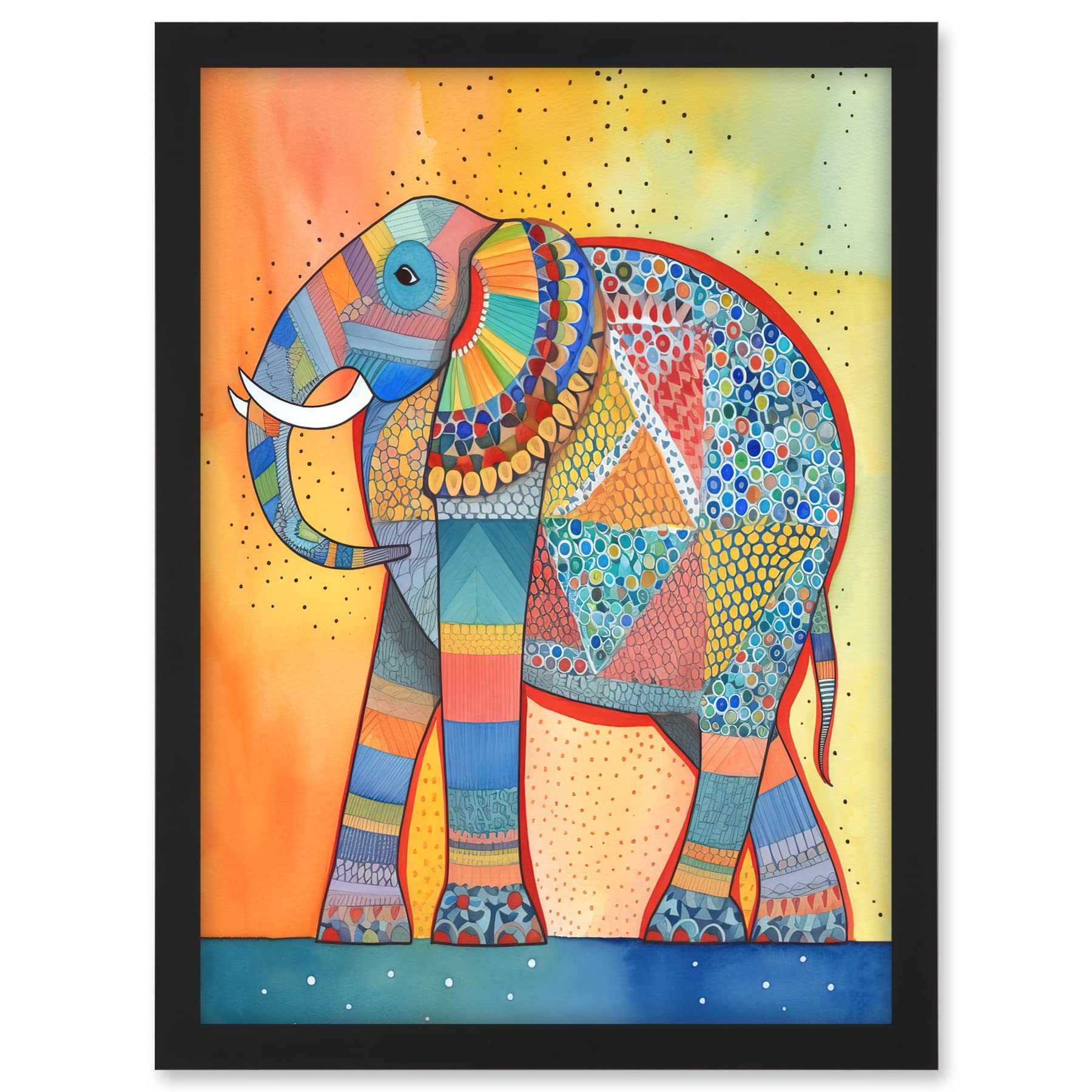 Artery8 Elephant With Geometric Patterns Folk Art Watercolour Painting Artwork Framed A3 Wall Art Print