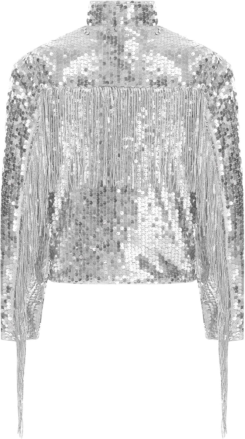 Hularka Kids Boys Sequin Tassel Bomber Jacket Long Sleeve Zip Up Coat Sparkle Outerwear Birthday Clothes