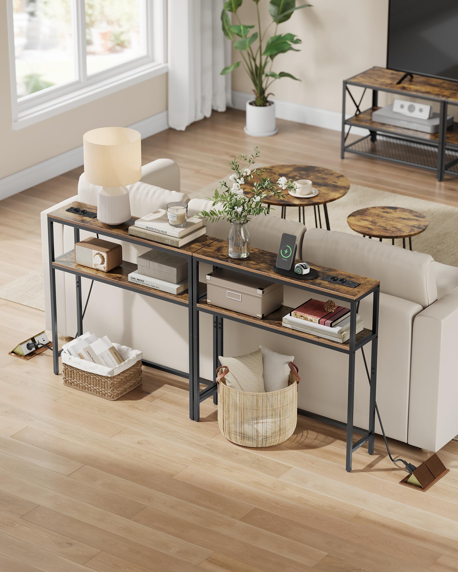 VASAGLE Table Console avec Prise, Bout de Canapé Étroit avec 2 Étagères, 20 x 80 x 80 cm, pour Salon, Couloir, Entrée, Marron Rustique et Noir d'encre LNT135KD01