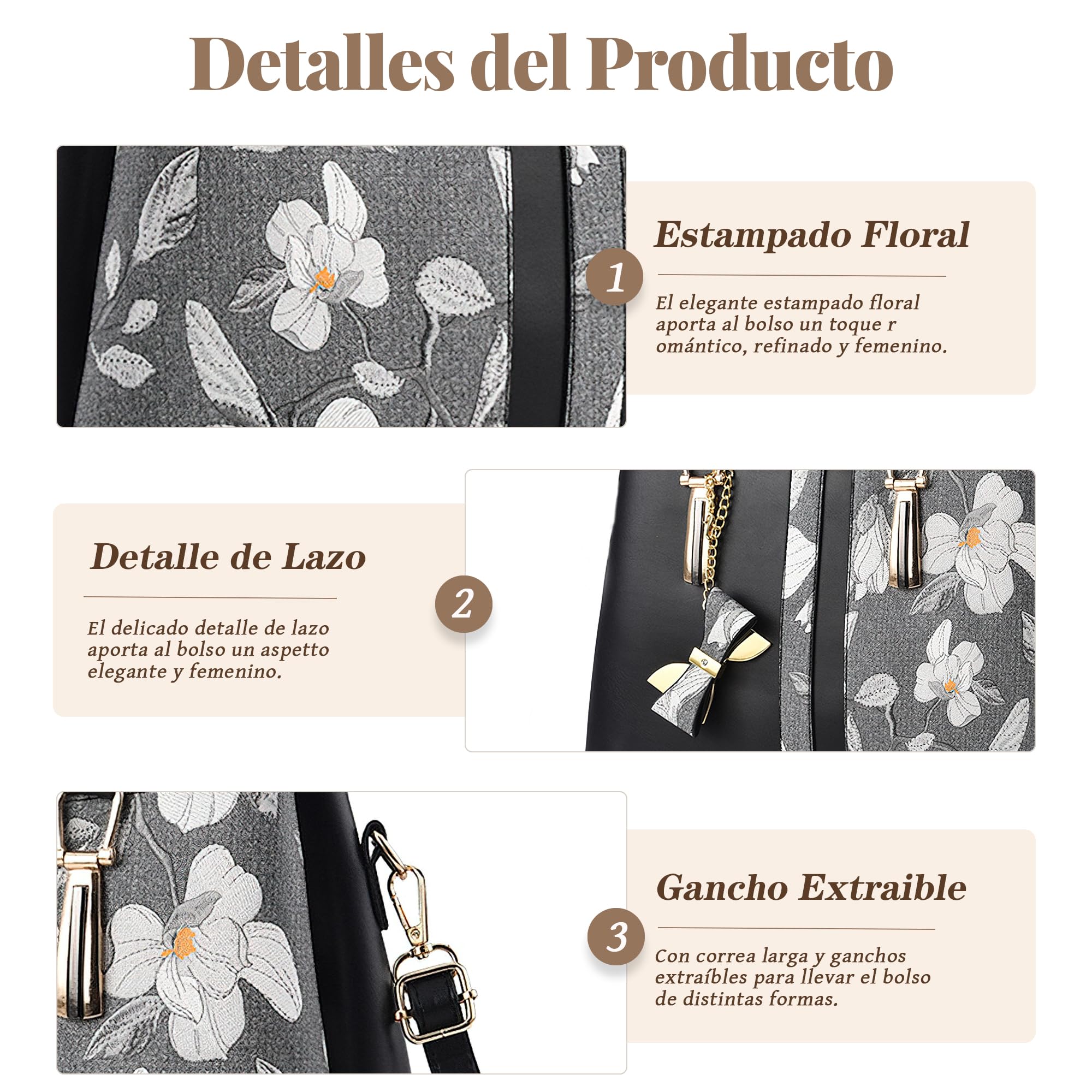 Bolso Mujer Bandolera Mediano Bolso de Mano Floral y Lazo Colgante