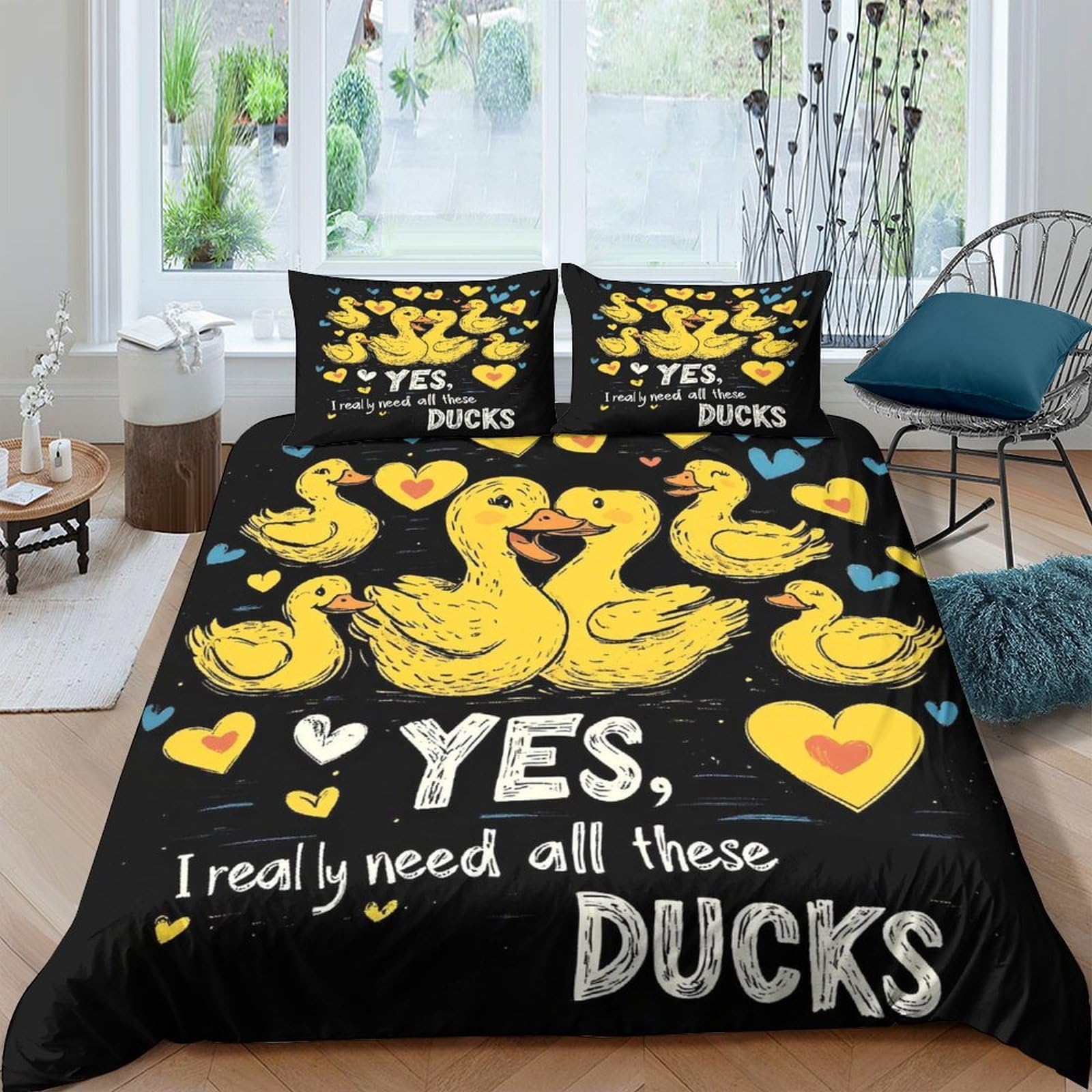 Ctjqhvkz Style-10 3D Printed Cartoon Duck Fitted Sheet Microfiber Black Yellow Heart Bed Sheet For Bedroom Guest Room Decor Single（135X200cm）