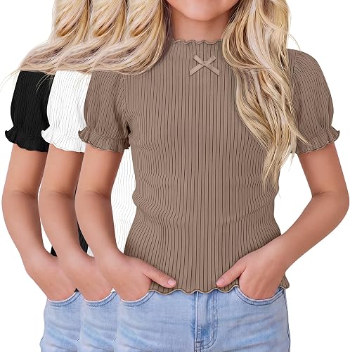 Mumucove 3 Pack Girls Short Sleeve Ribbed Shirt, 3-Color, 7-8 Years