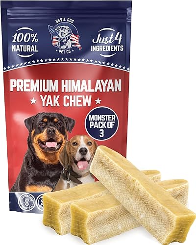 Devil Dog Pet Co. Himalayan Yak Cheese Dog Chews, Monster - 3 Pack, 100% Natural & Healthy, Lactose-Free, Long-Lasting Dog Treats, Premium Yak Milk