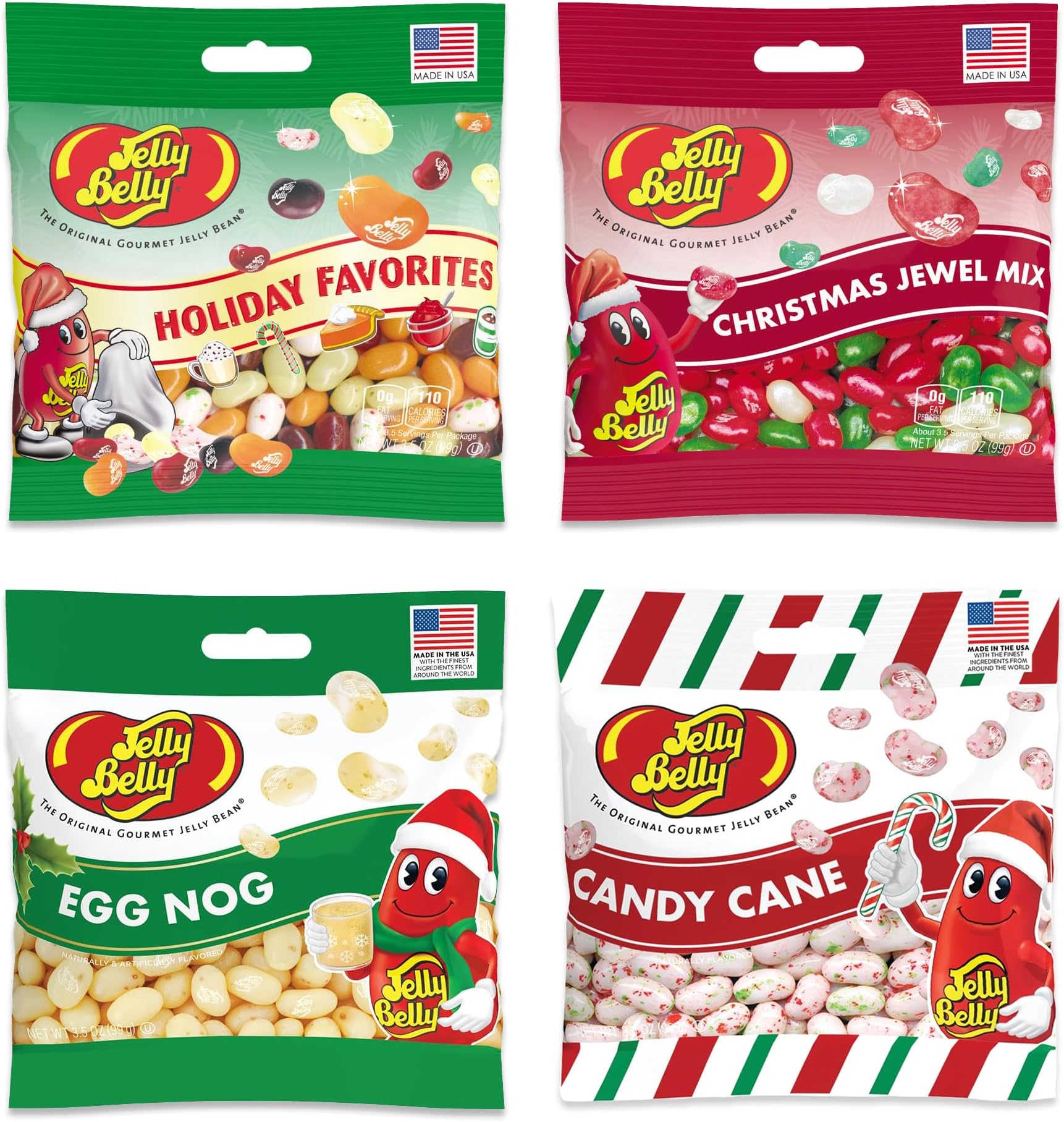 Jelly Belly Holiday Favorites Christmas Jelly Beans Variety Pack of 4 Flavors- Candy Cane, Egg Nog, Holiday Favorites, and Christmas Jewel Mix. Christmas Jelly Bellies Jelly Beans by Snackivore