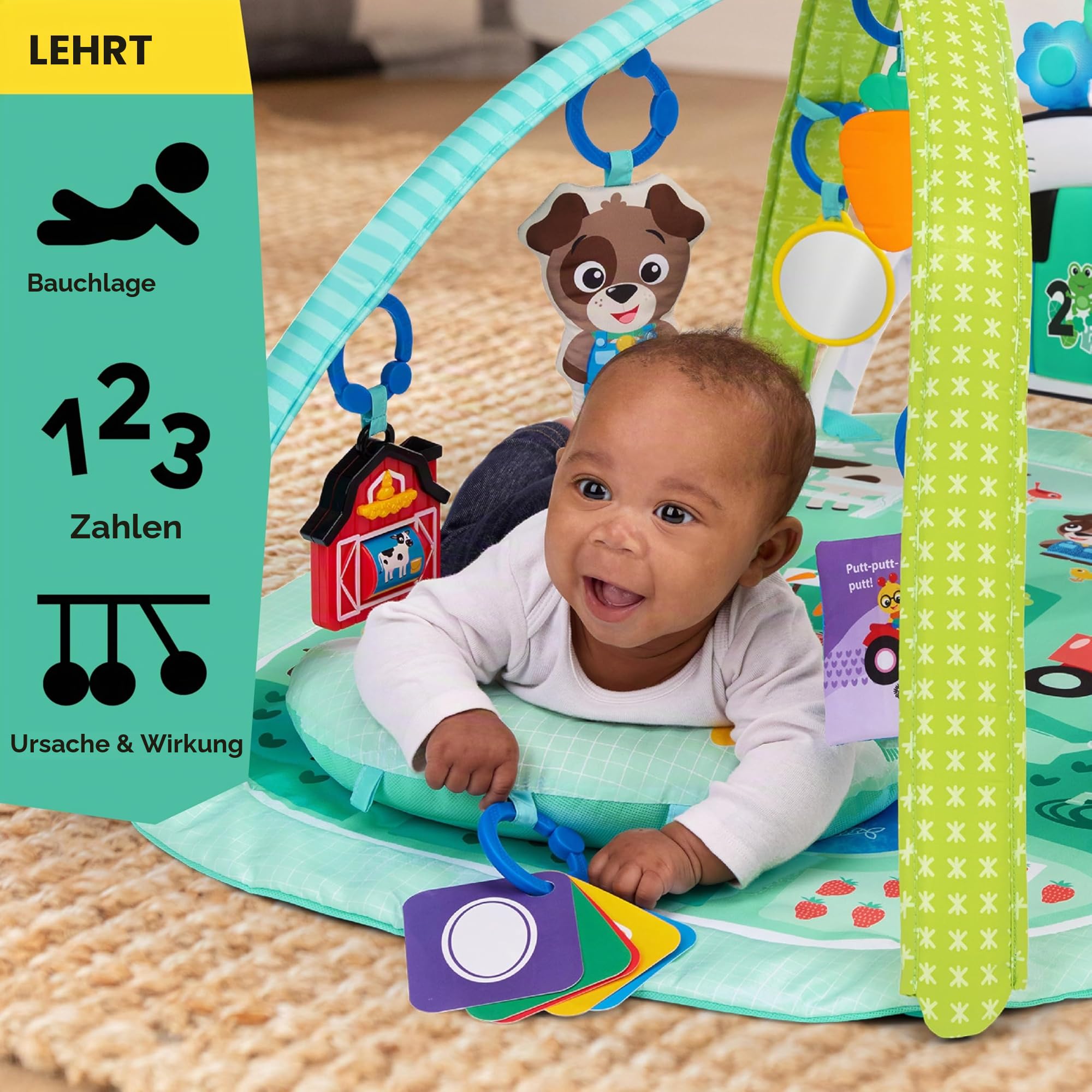 Baby Einstein Farm Explorers 4-in-1 Kickin' Tunes Musical Meadow Musik- & Sprachentdeckungs-Spielbogen, Spielmatte mit Kick-Piano, ab 0 Monaten