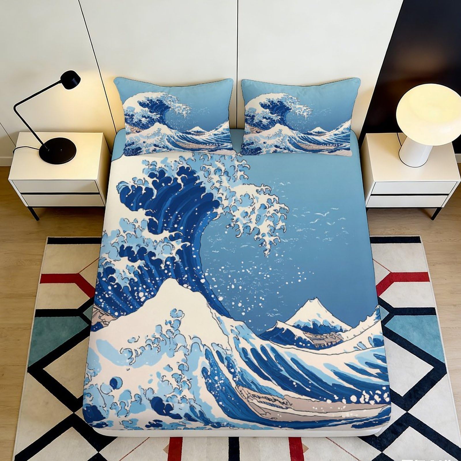 3D Printed Great Wave Fitted Sheet Microfiber Soft Blue Mount Fuji Bed Cover for Bedroom Guest Room Decor 90x200x25cm