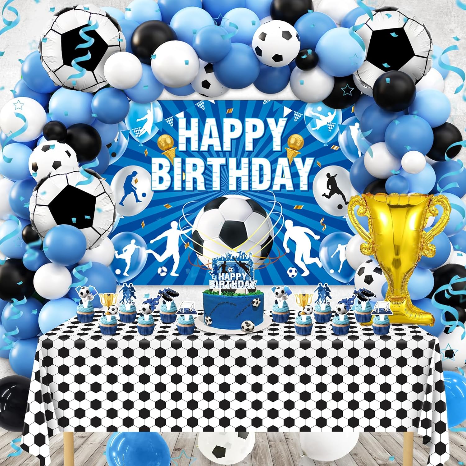 Soccer Birthday Party Decorations, 97Pcs Soccer Party Decorations with Balloons Happy Birthday Backdrop Soccer Tablecloth and Cake Toppers for Soccer Party Supplies